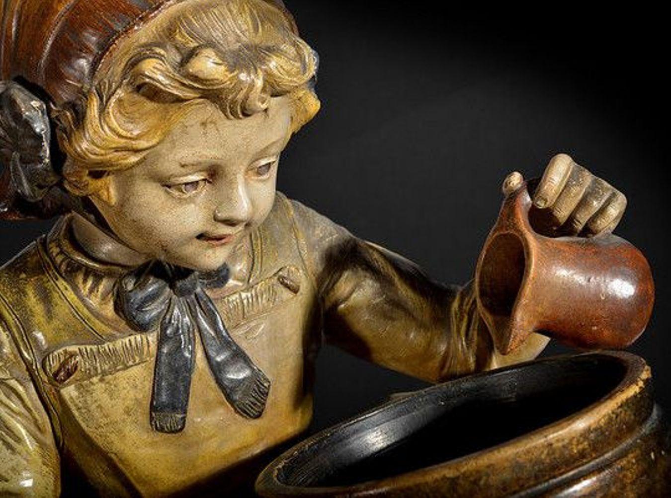 Early 20th Century Painted Metal Lamp in the Form of a Young Girl at a Stove For Sale