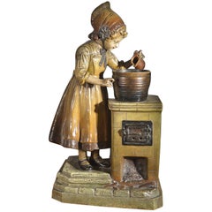 Painted Metal Lamp in the Form of a Young Girl at a Stove