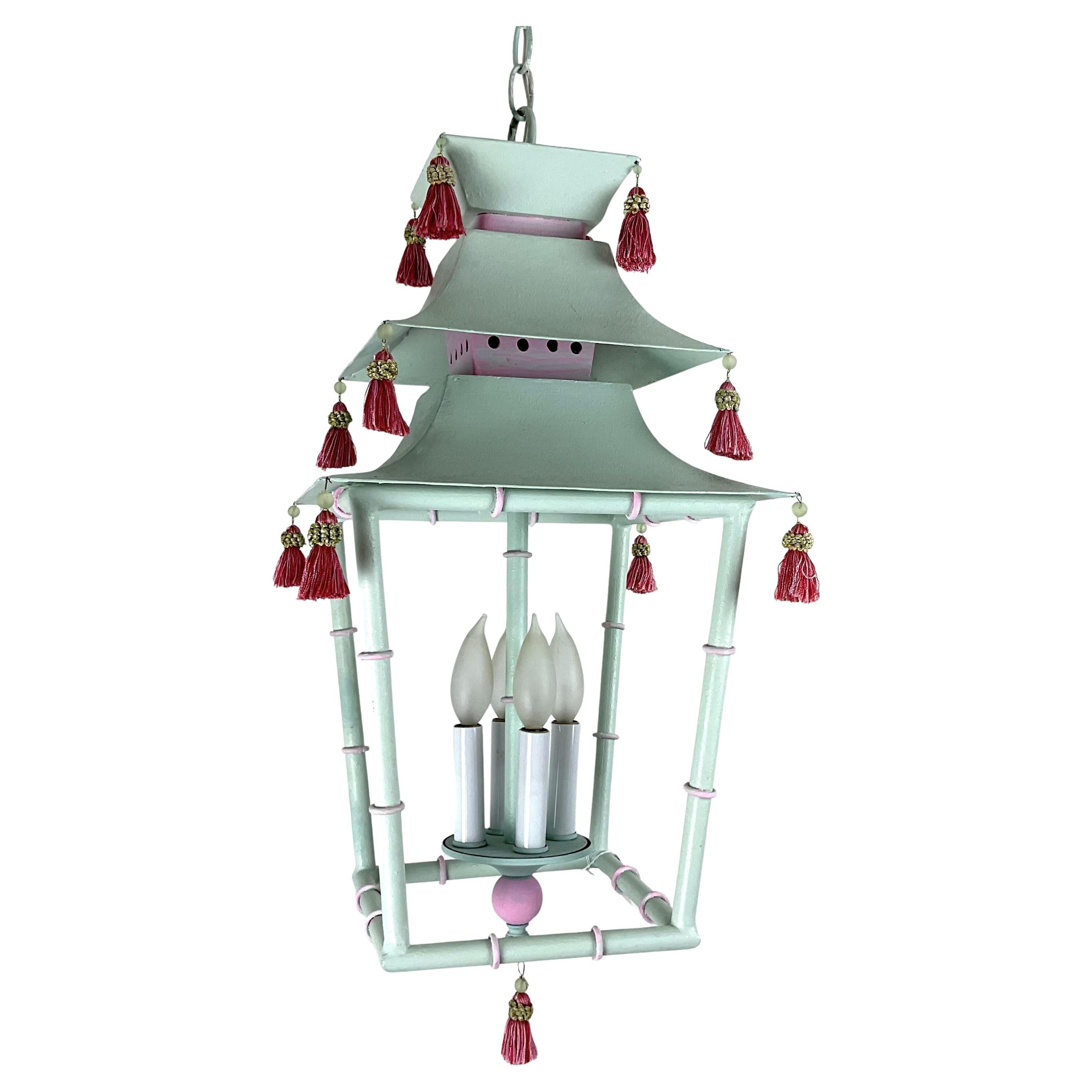 Painted Metal Pagoda Lantern with Silk Tassels