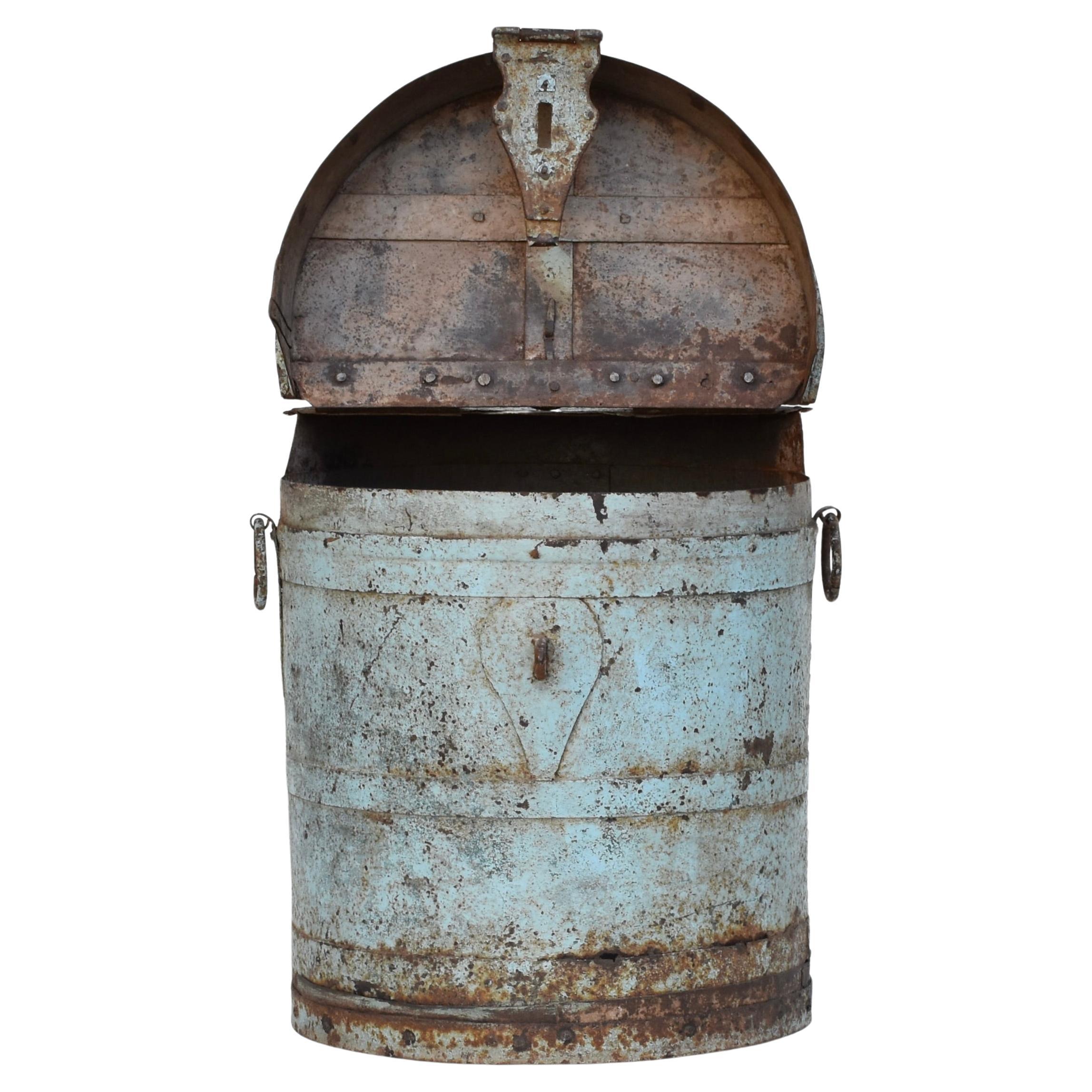 Incredible Tin Vessel in a beautiful color and great patina. 
Many uses, could be a great side table, a planter or storage for different items like logs next to a fireplace. 
