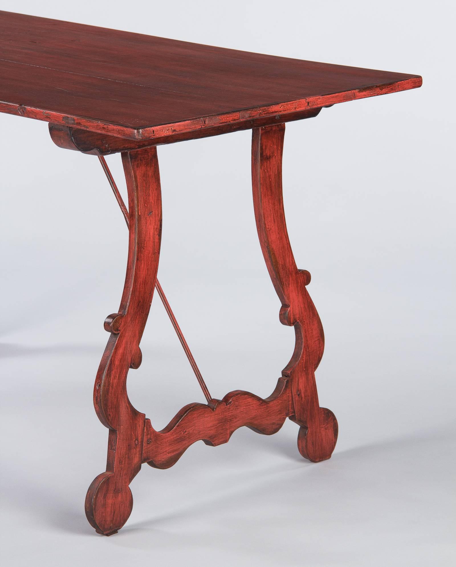Spanish Painted Red Midcentury Pine Table, 1950s 6