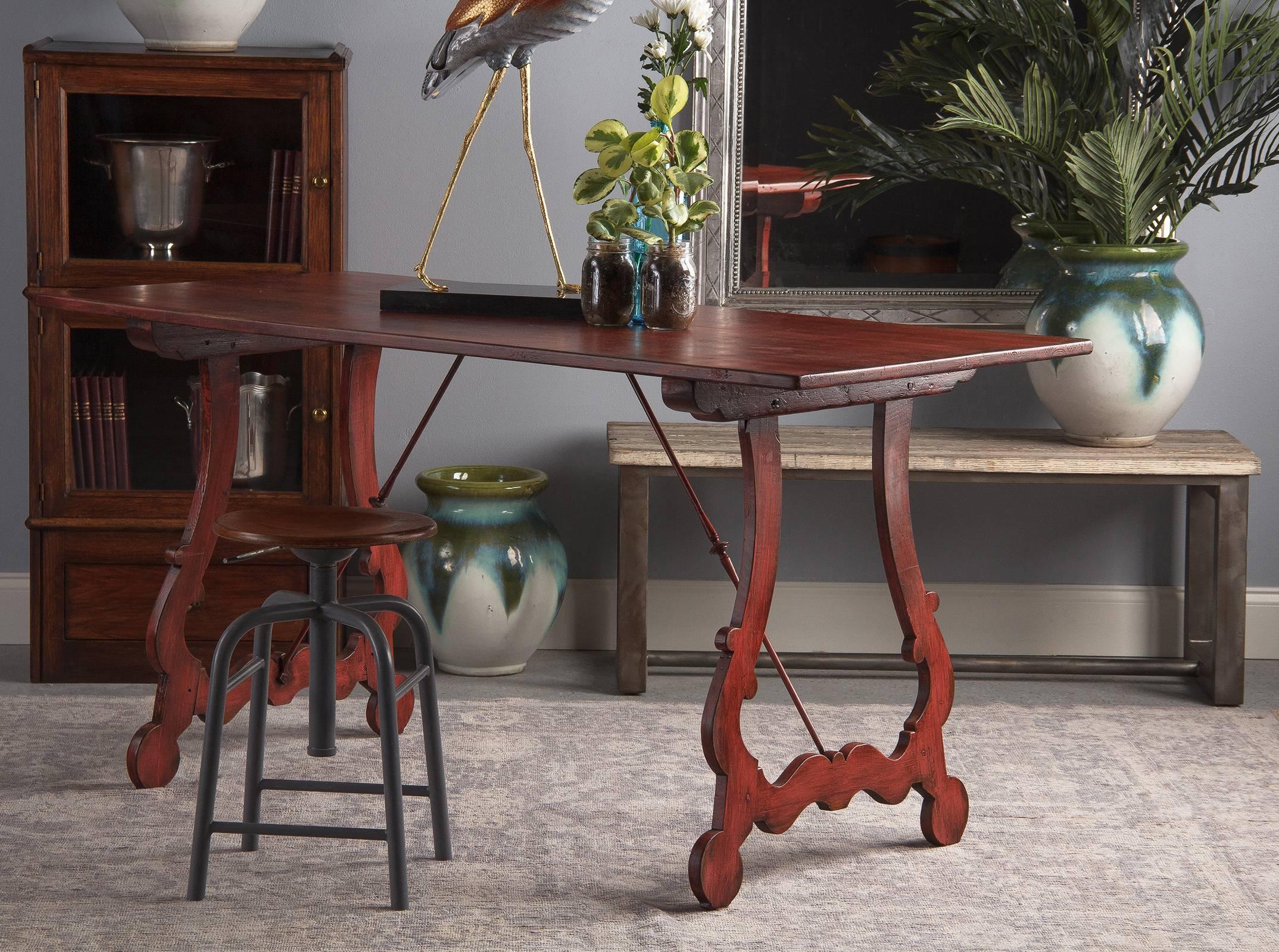 Spanish Painted Red Midcentury Pine Table, 1950s 10