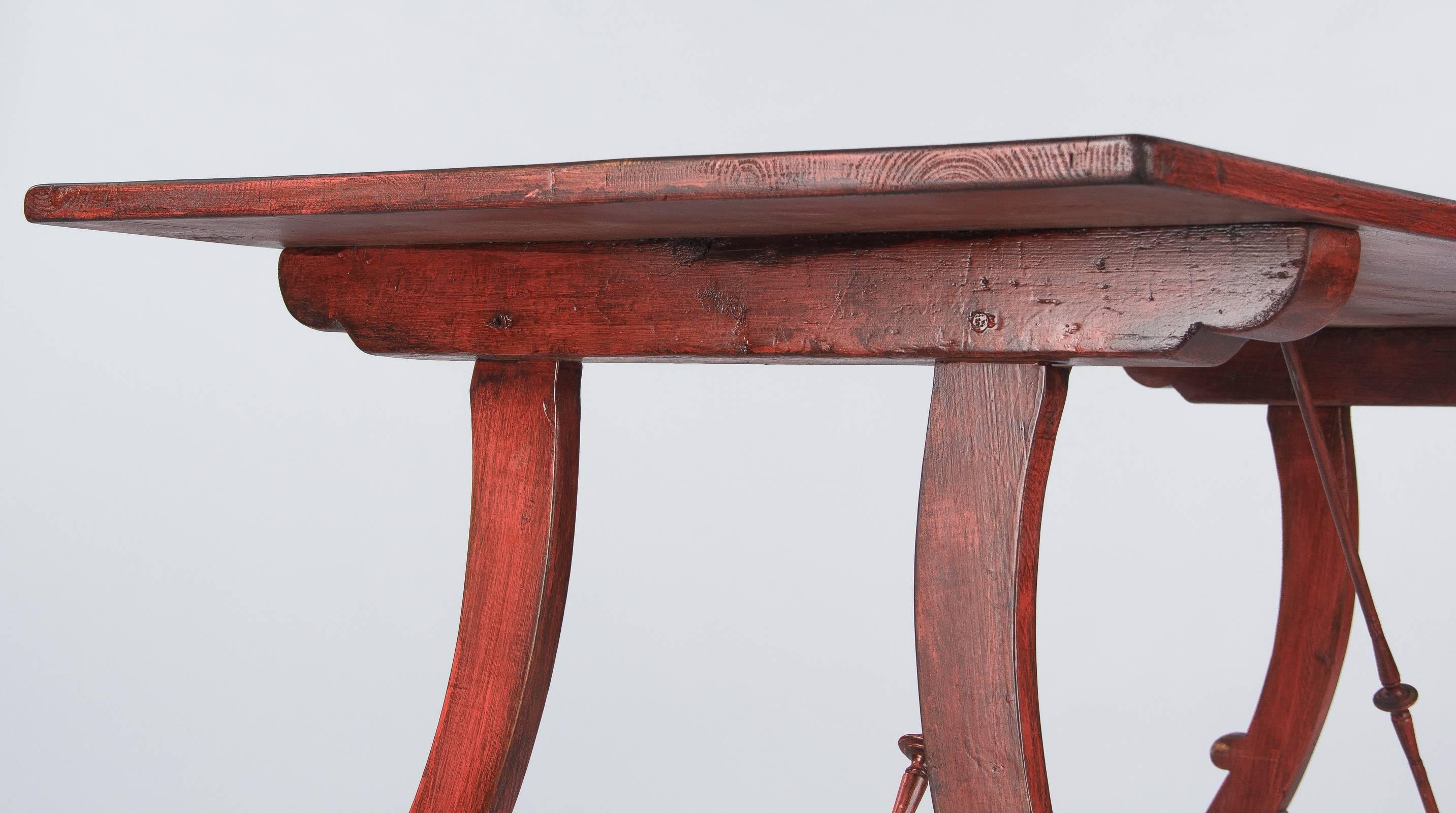 Hand-Painted Spanish Painted Red Midcentury Pine Table, 1950s