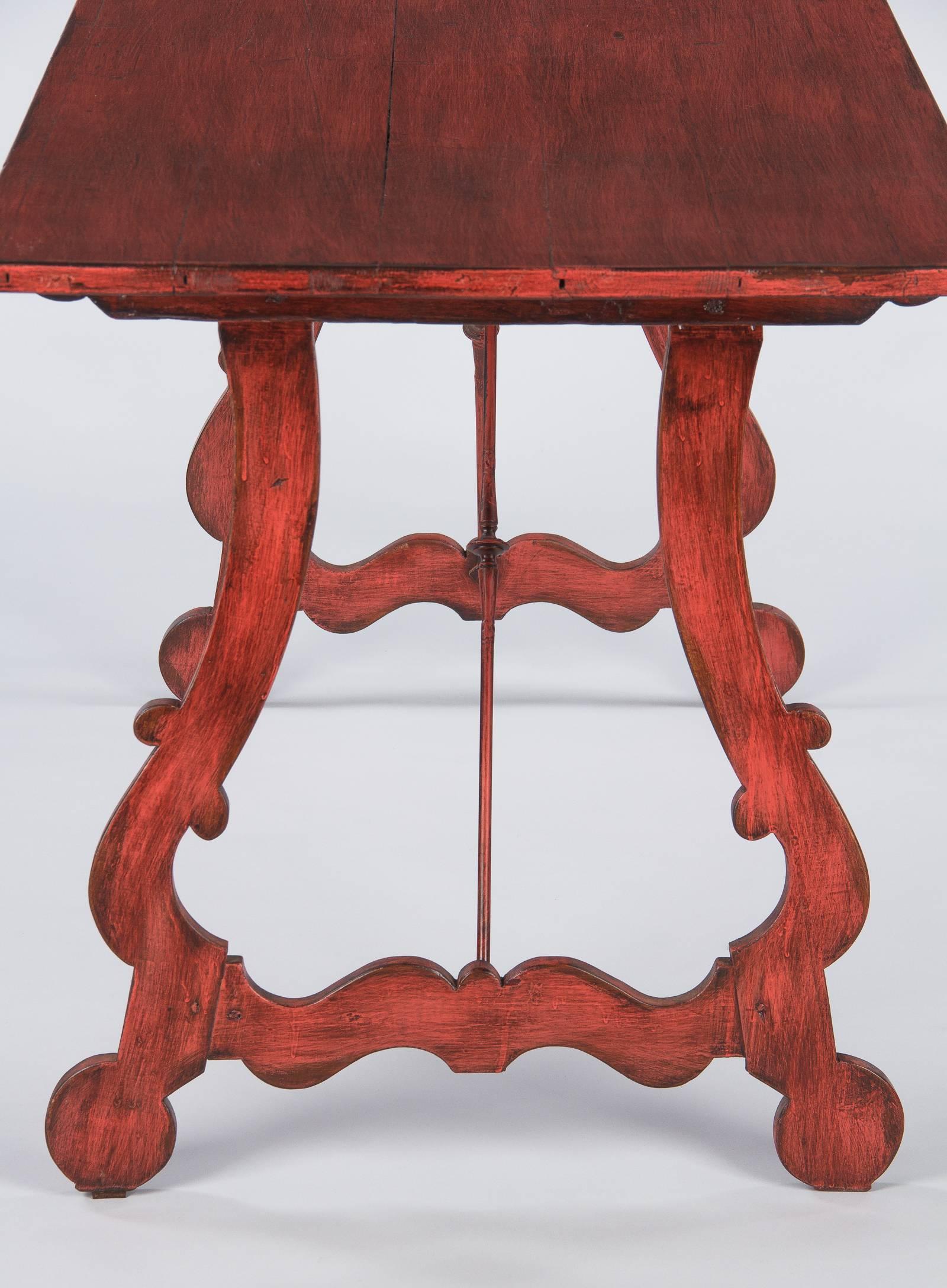 Iron Spanish Painted Red Midcentury Pine Table, 1950s
