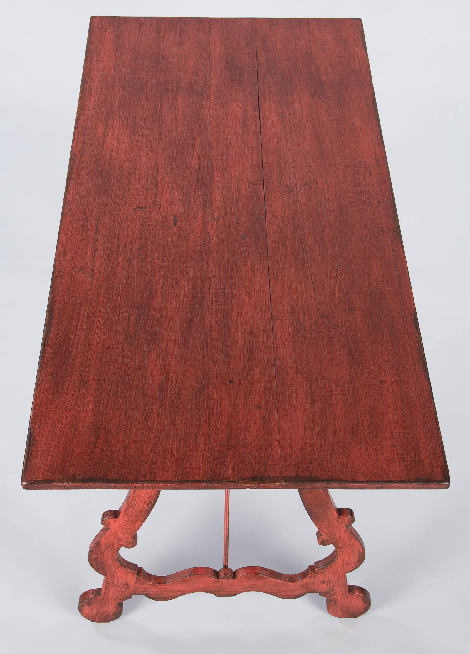 Spanish Painted Red Midcentury Pine Table, 1950s 1