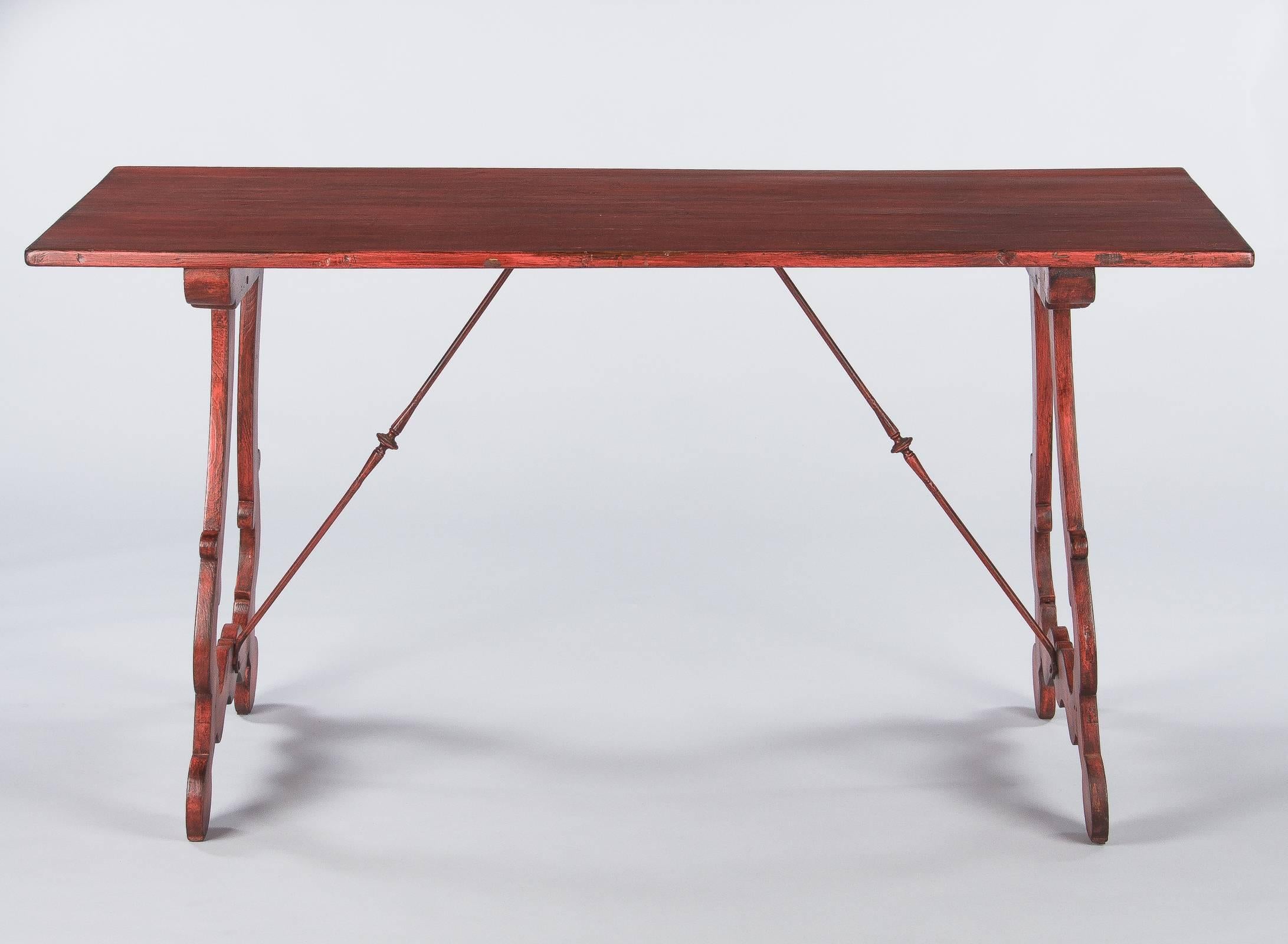 Spanish Painted Red Midcentury Pine Table, 1950s 2