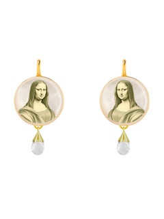 Painted Mona Lisa Mother of Pearl Drop Earrings with quartz briolettes