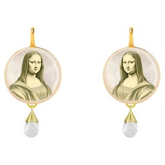 Painted Mona Lisa Mother of Pearl Drop Earrings with quartz briolettes