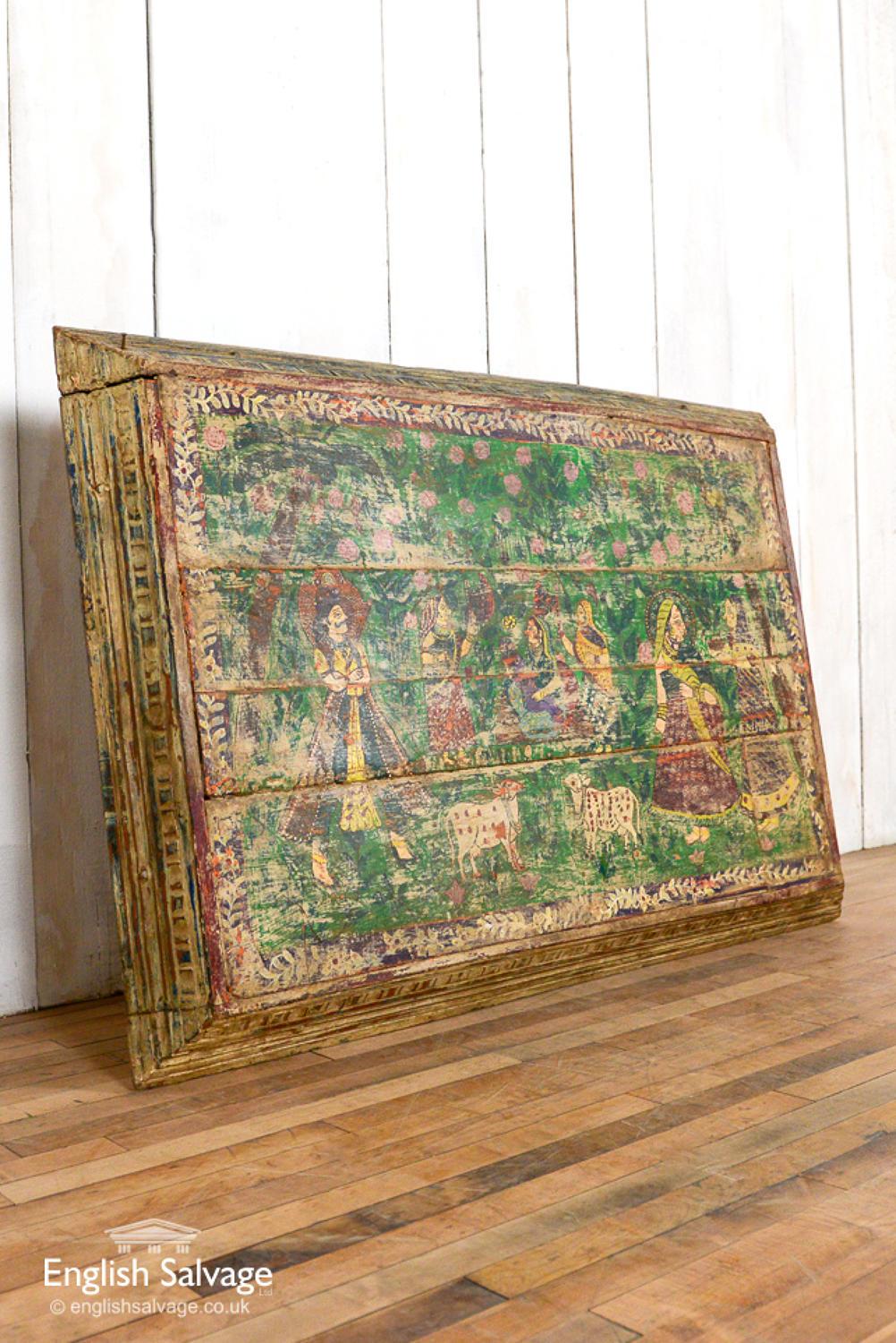 European Painted Naïve Teak Decorative Panel, 20th Century For Sale