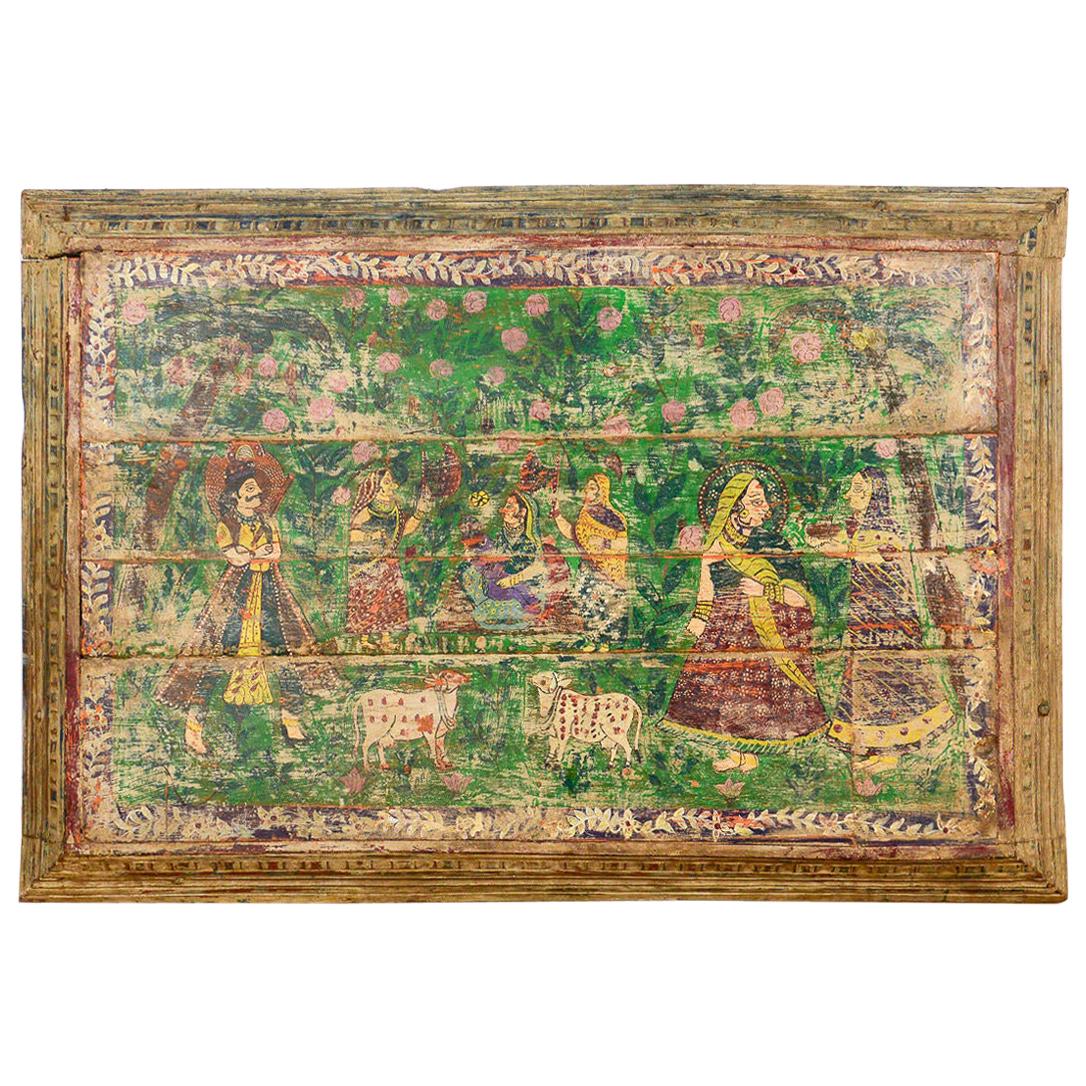 Painted Naïve Teak Decorative Panel, 20th Century For Sale