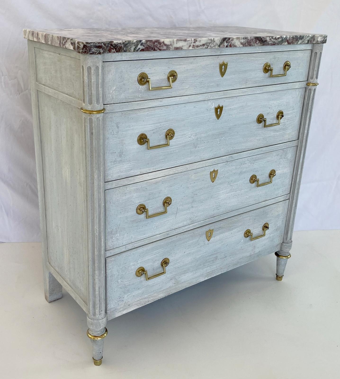 Louis XVI Painted Narrow Neoclassical Chest with Rouge Marble Top by Baker For Sale