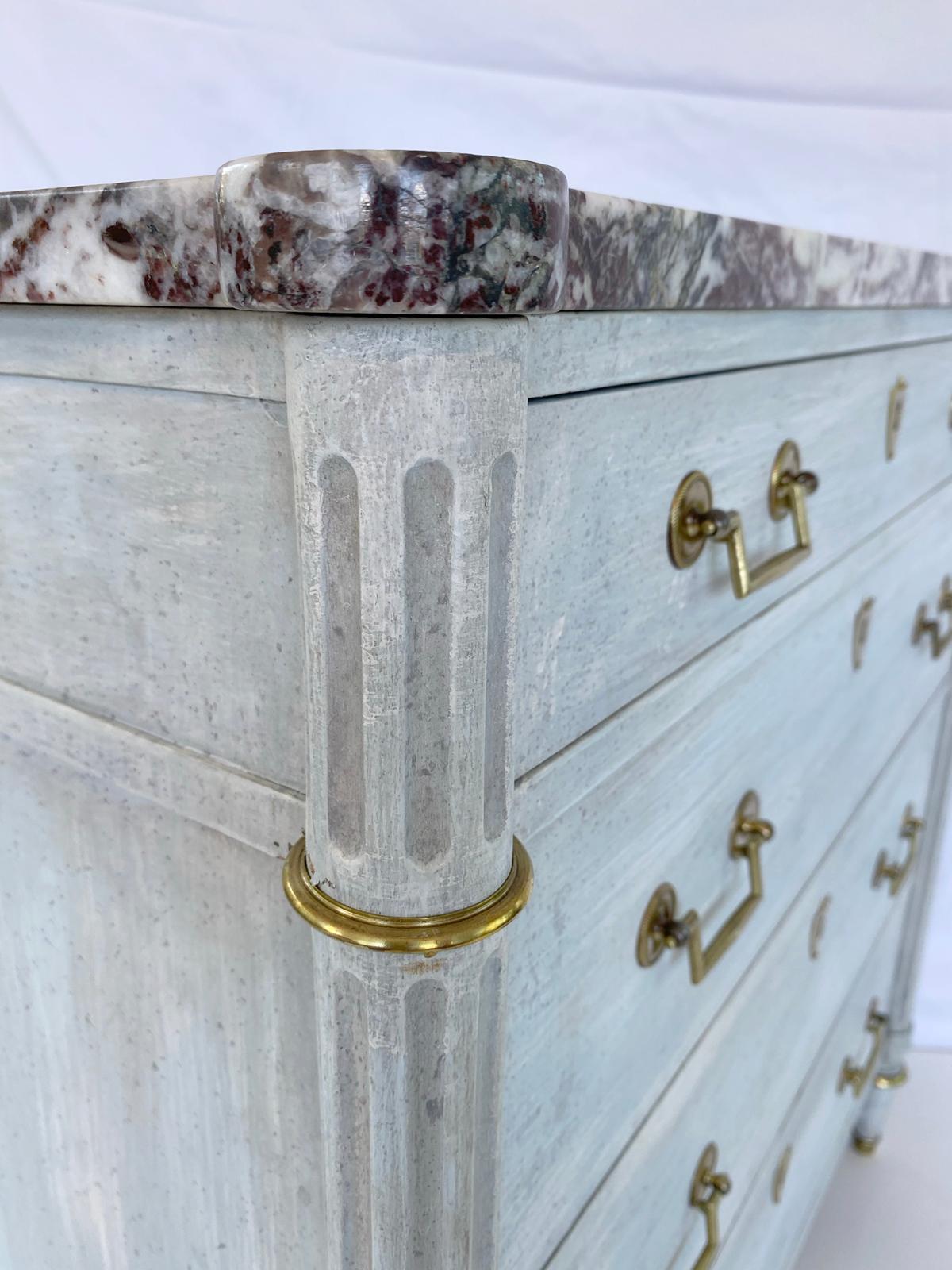 Painted Narrow Neoclassical Chest with Rouge Marble Top by Baker In Good Condition For Sale In West Palm Beach, FL