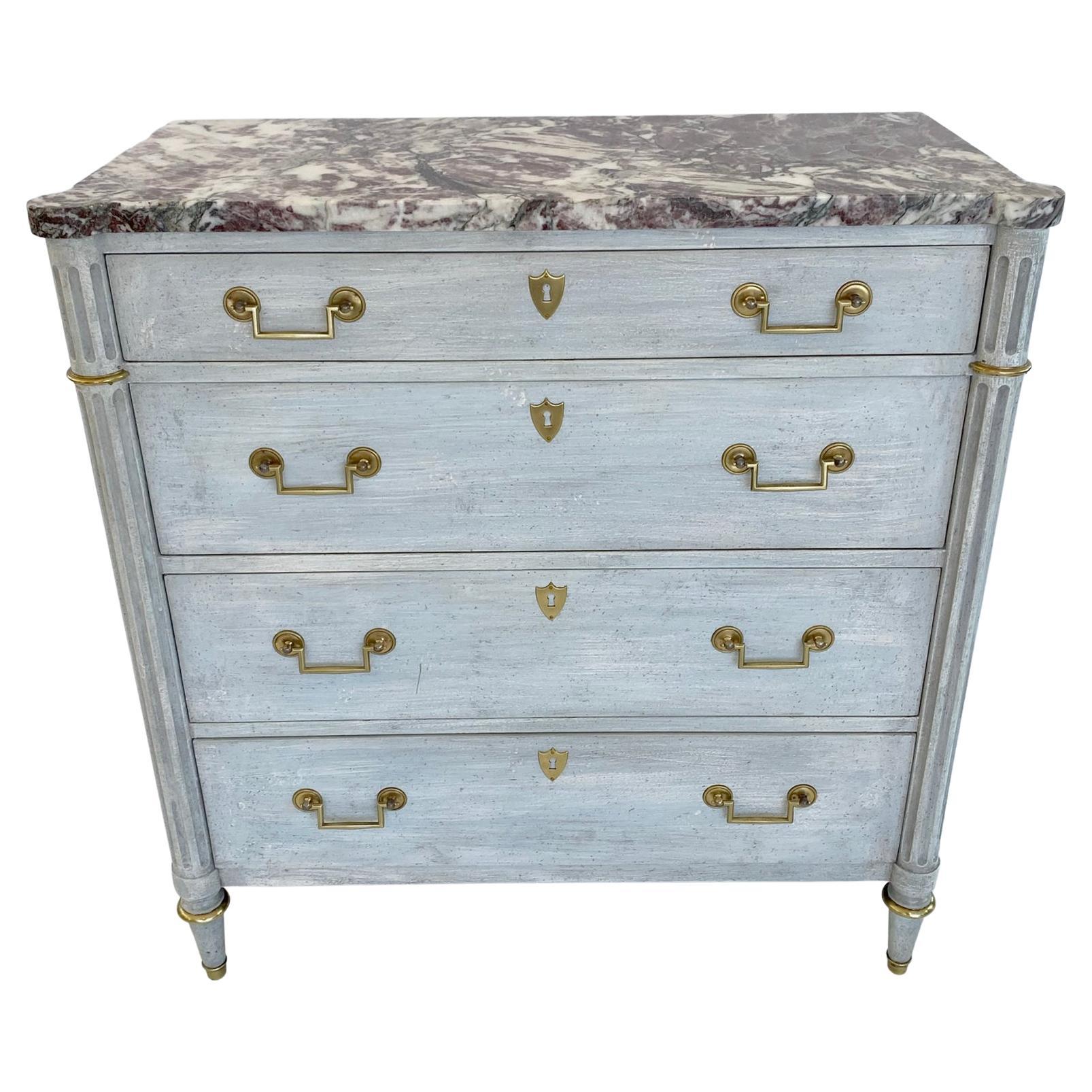 Painted Narrow Neoclassical Chest with Rouge Marble Top by Baker For Sale