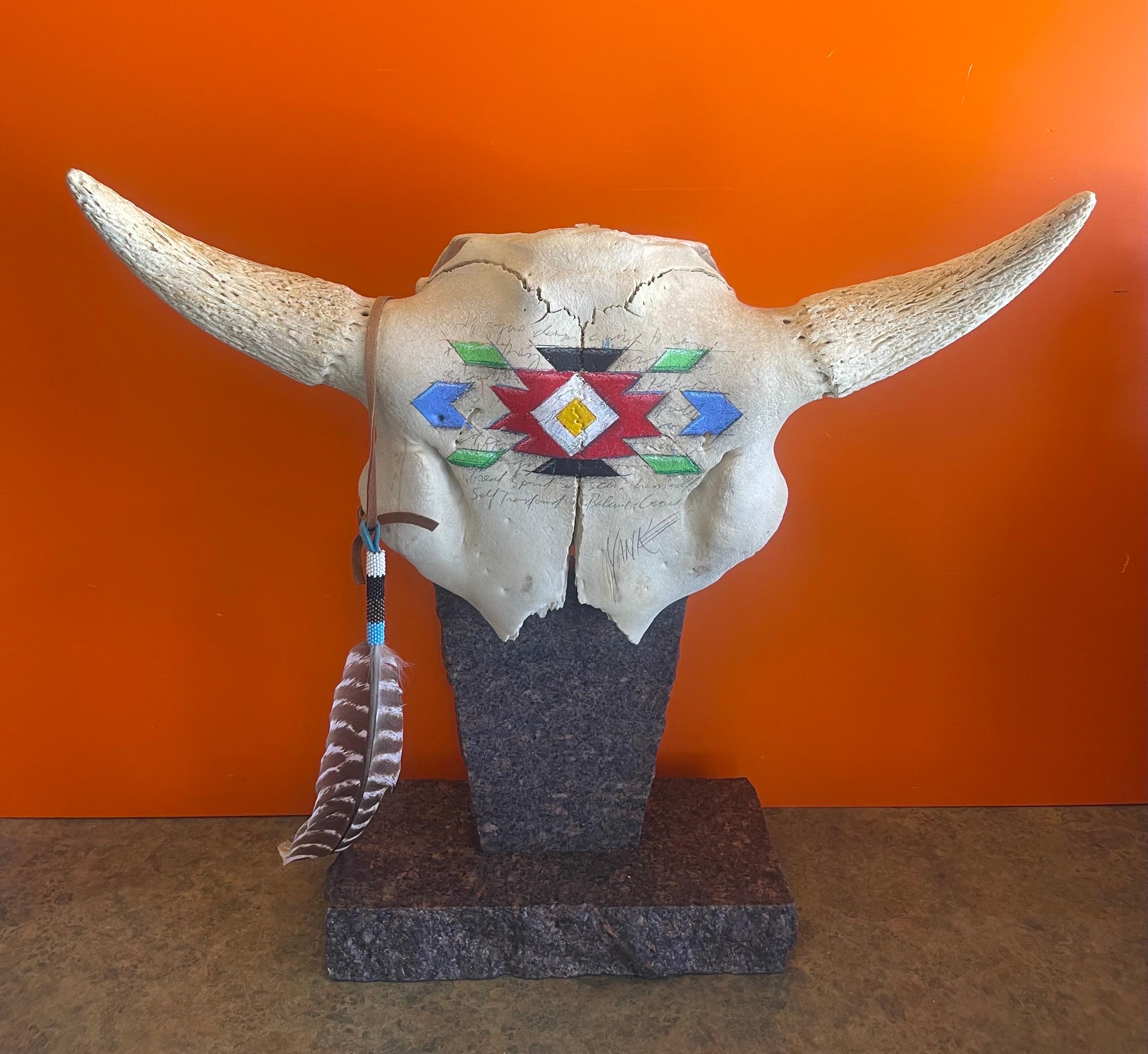 Painted North American Steer Skull with Horns on Granite Base by Tim Yanke For Sale 3