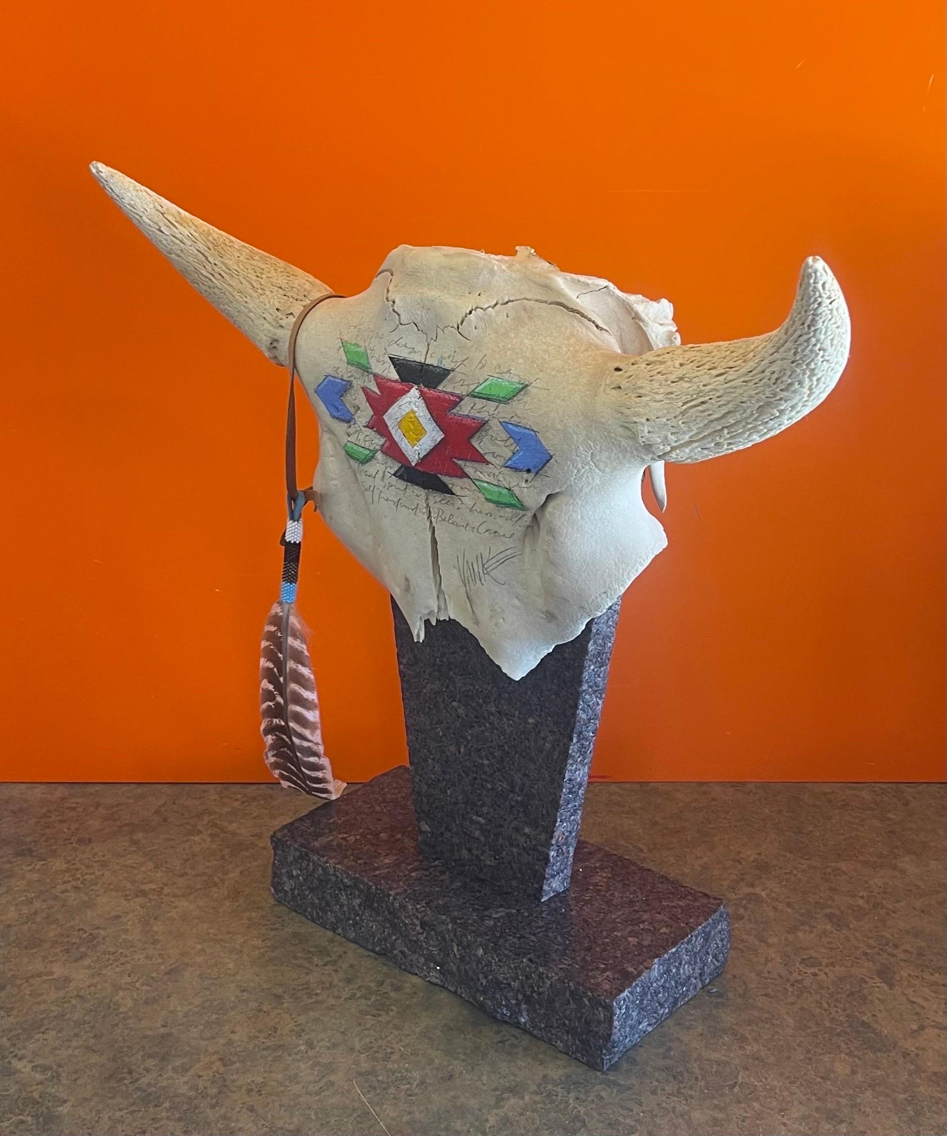 Painted North American Steer Skull with Horns on Granite Base by Tim Yanke For Sale 4