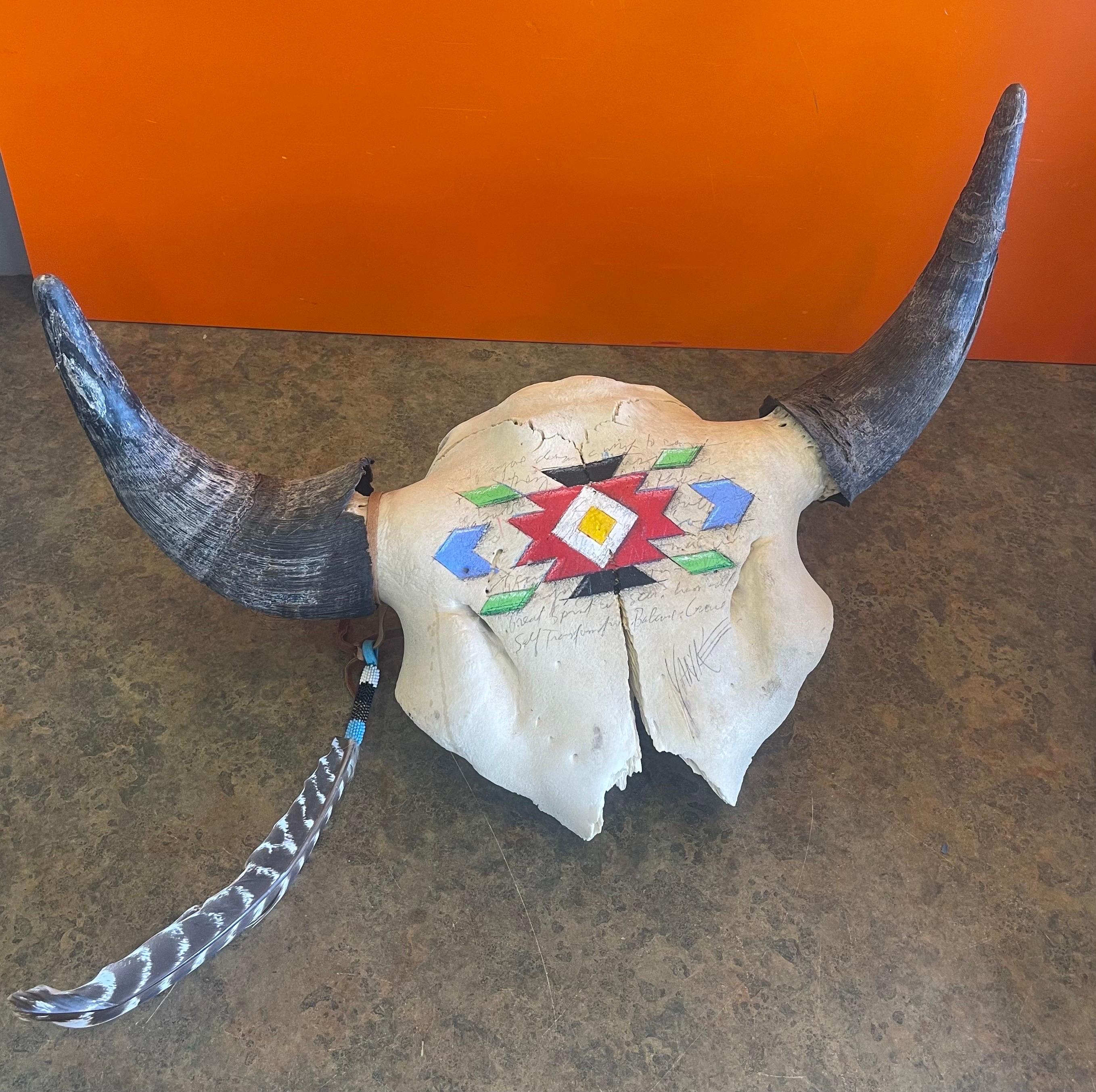 Painted North American Steer Skull with Horns on Granite Base by Tim Yanke For Sale 9