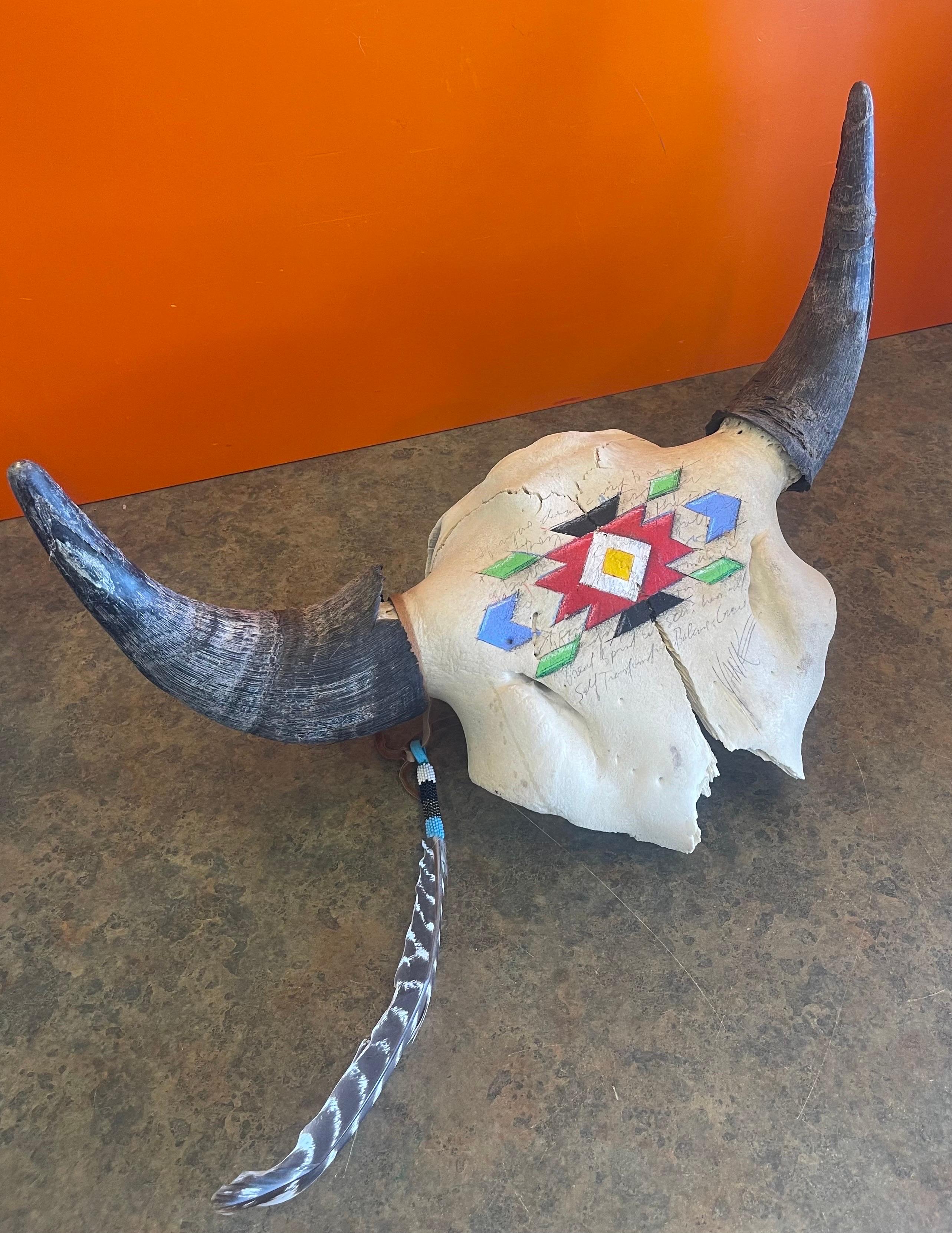 Painted North American Steer Skull with Horns on Granite Base by Tim Yanke For Sale 11