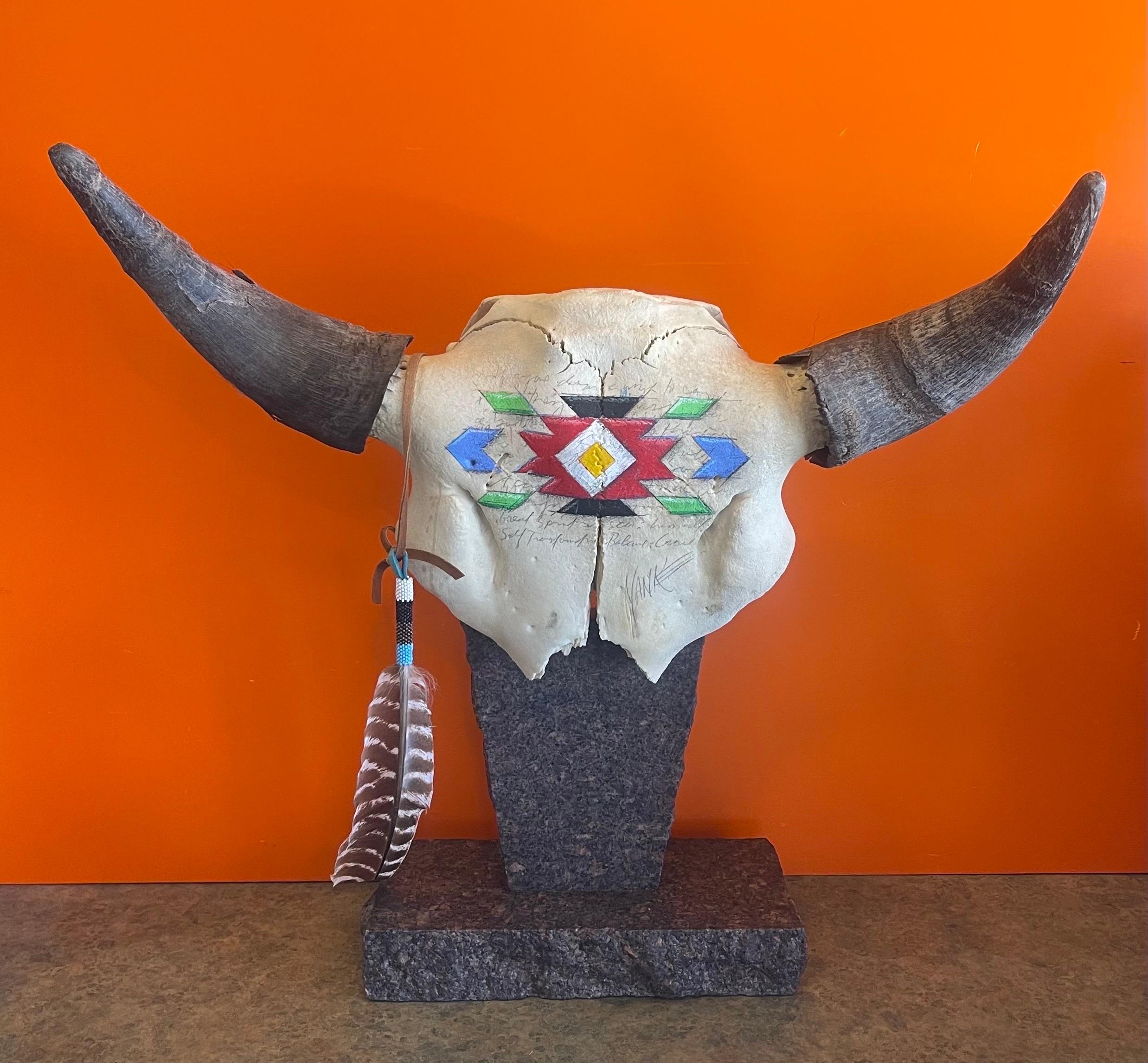 Painted North American Steer Skull with Horns on Granite Base by Tim Yanke For Sale 12