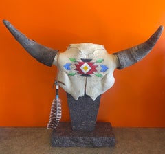 Painted North American Steer Skull with Horns on Granite Base by Tim Yanke