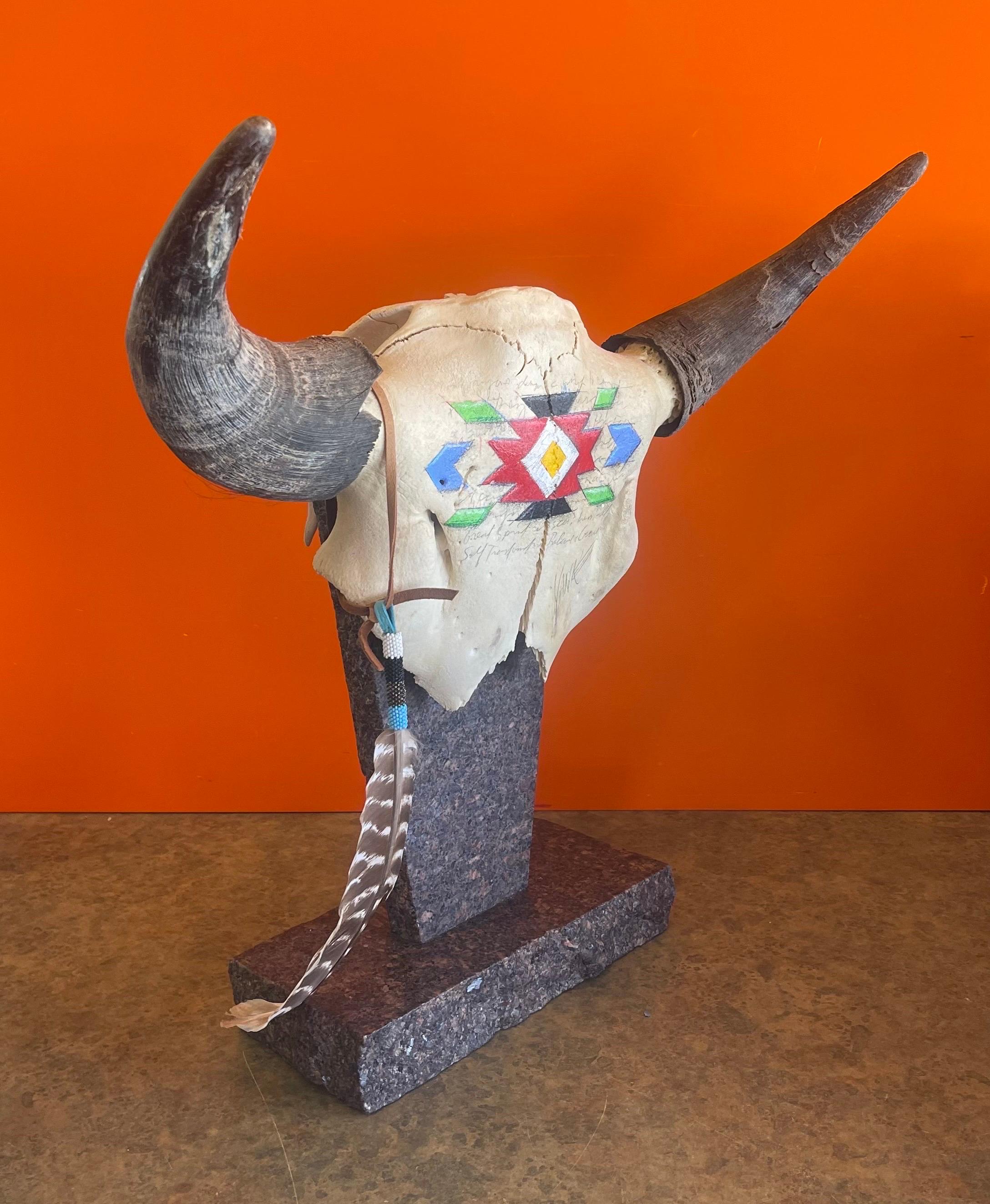Painted North American Steer Skull with Horns on Granite Base by Tim Yanke For Sale 1