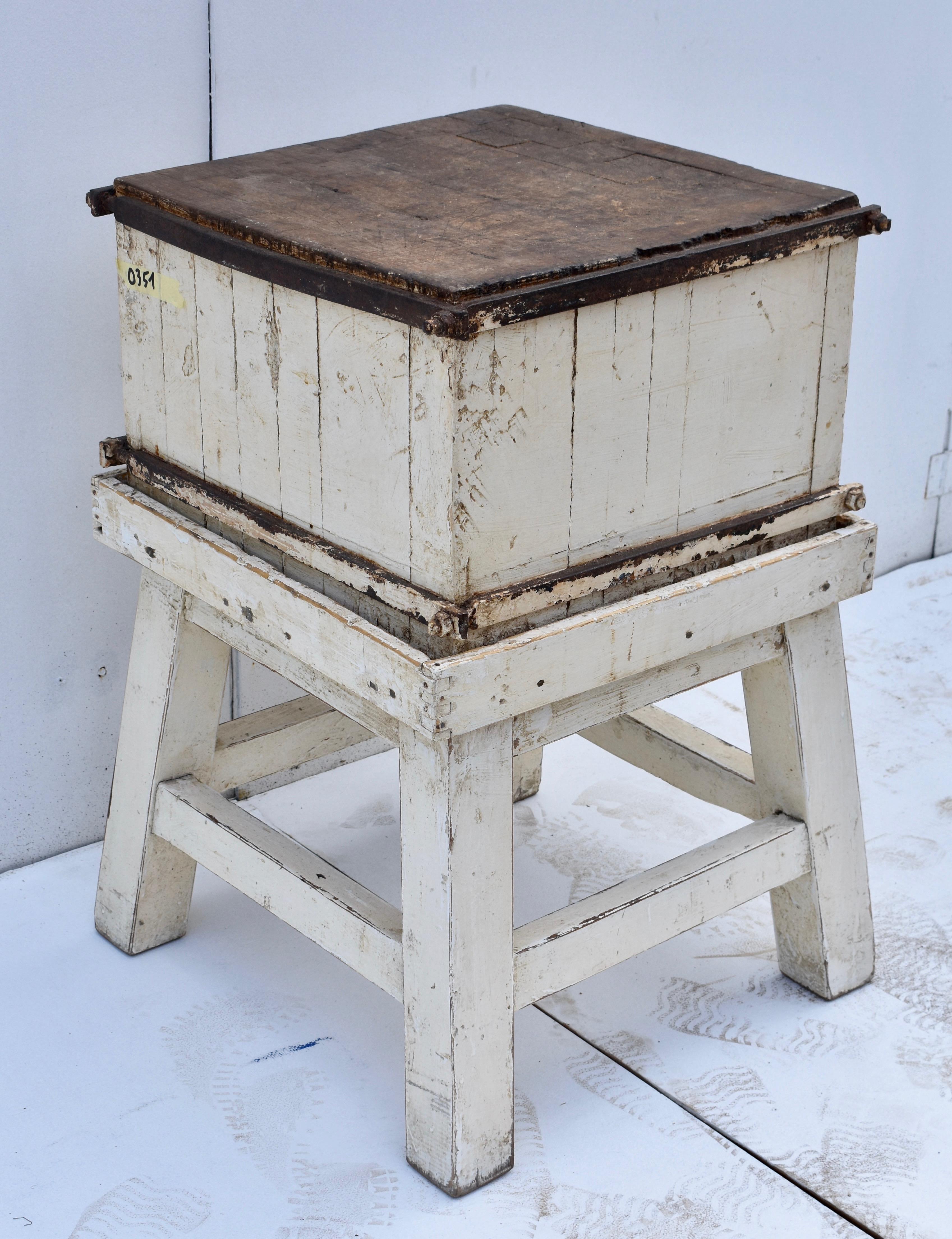 Industrial Painted Oak Chopping Block on Stand For Sale