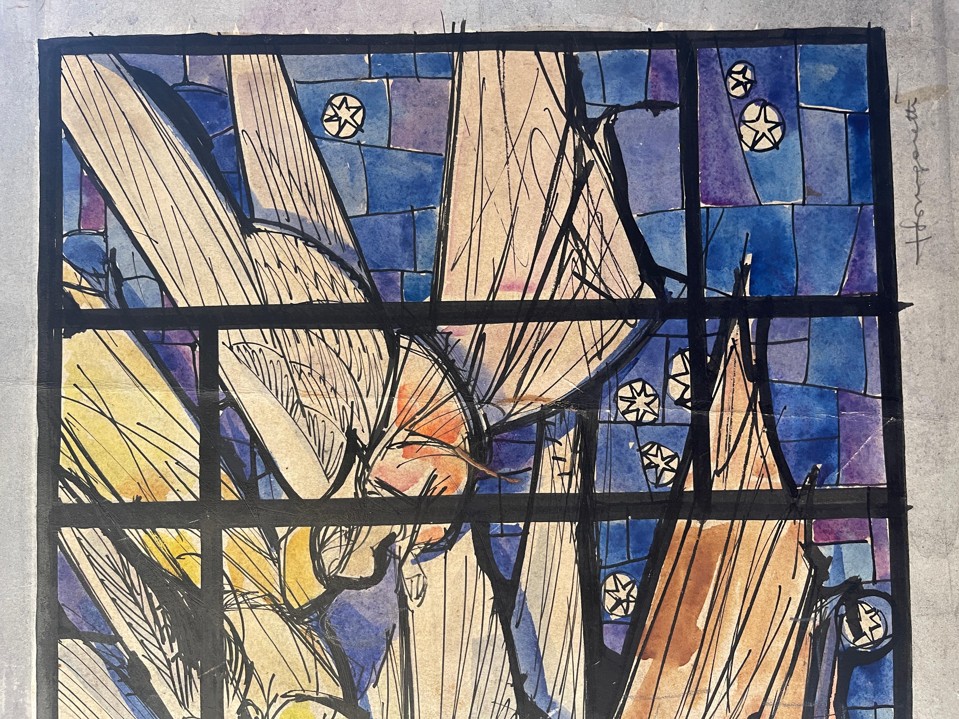 Peint sur carton, Anges en prière, Longaretti
Peinture complexe réalisée sur carton représentant un groupe d'Anges en prière, le tableau simule cette représentation comme si elle était peinte sur la fenêtre d'une église, mettant en évidence la