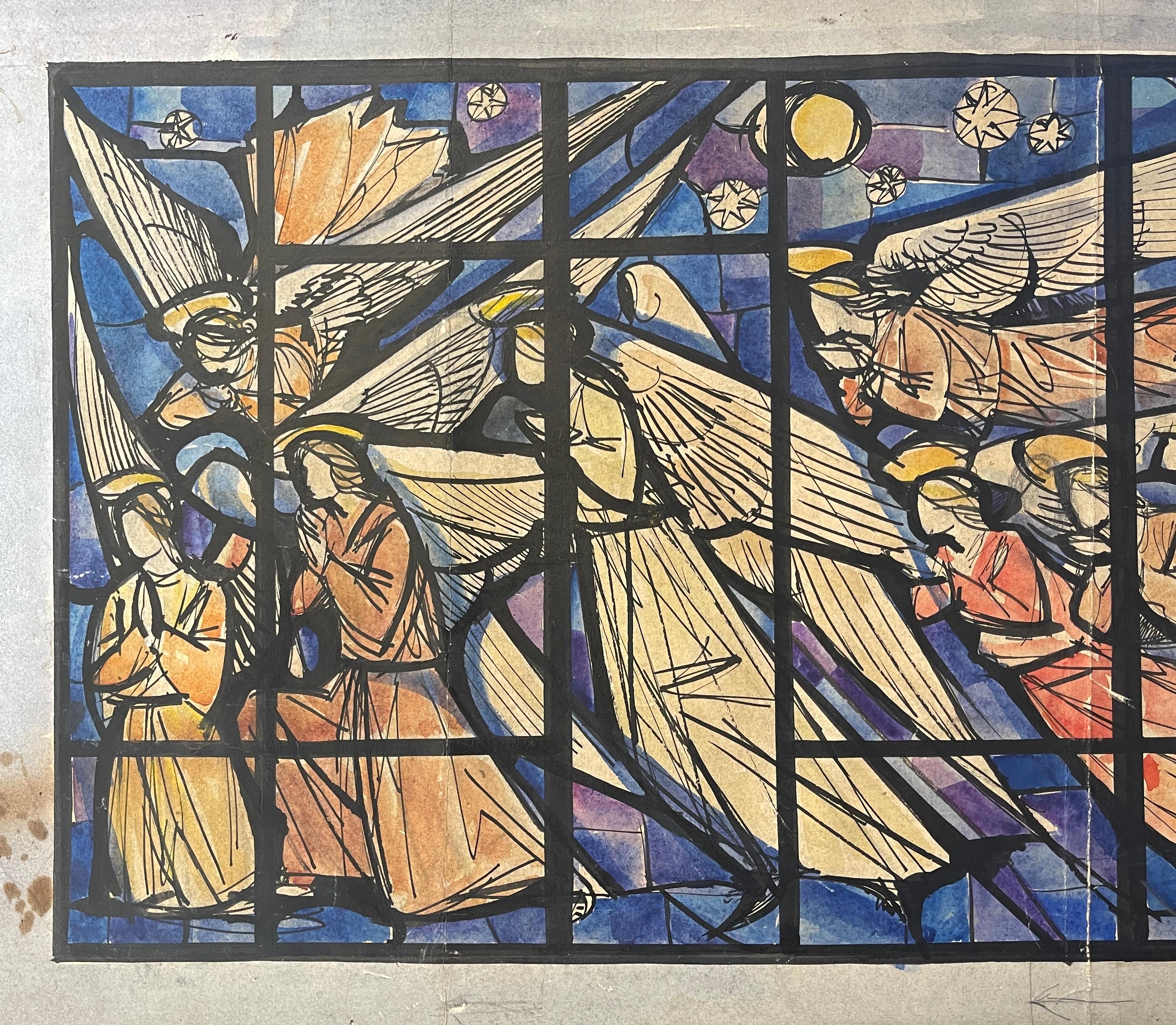 Italian Painted on cardboard, Angels in prayer, Longaretti For Sale