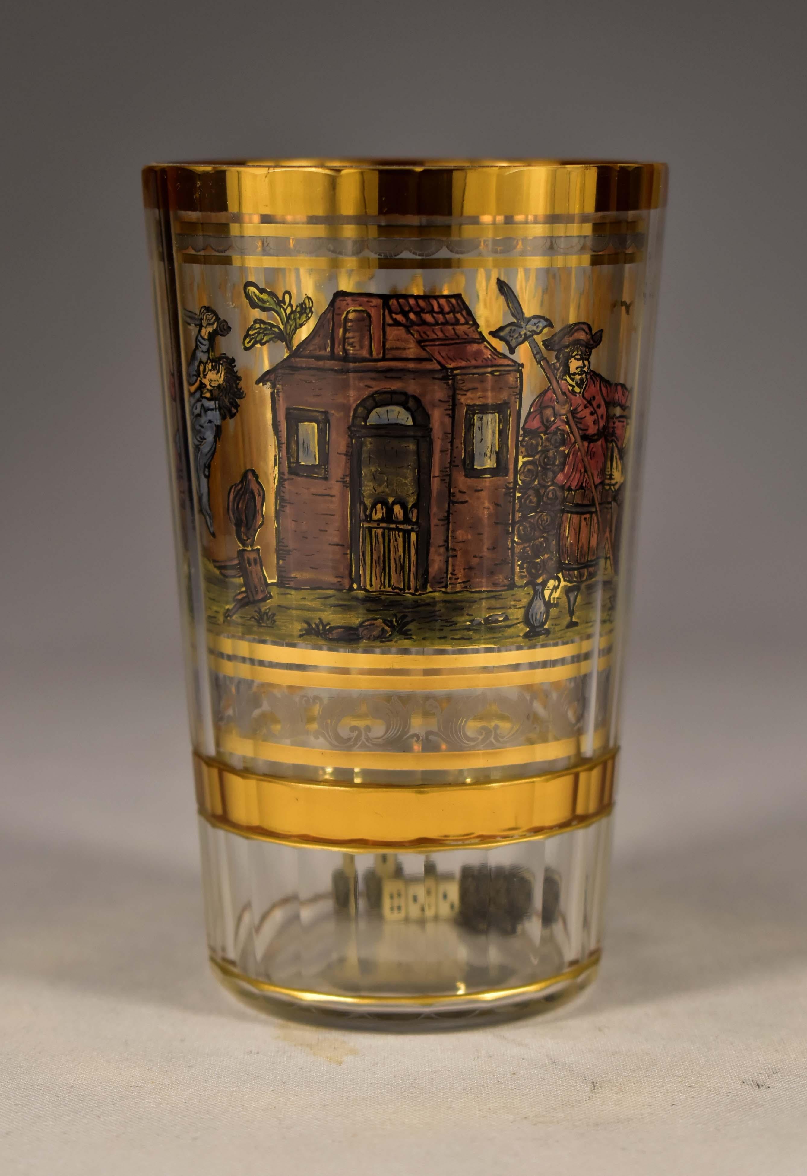 A beautiful painted double-walled goblet with the motif of soldiers and card players with a fake game sticker,Which resulted in a fight between the players, A very popular and interesting theme.Another interesting thing is that bone playing cards
