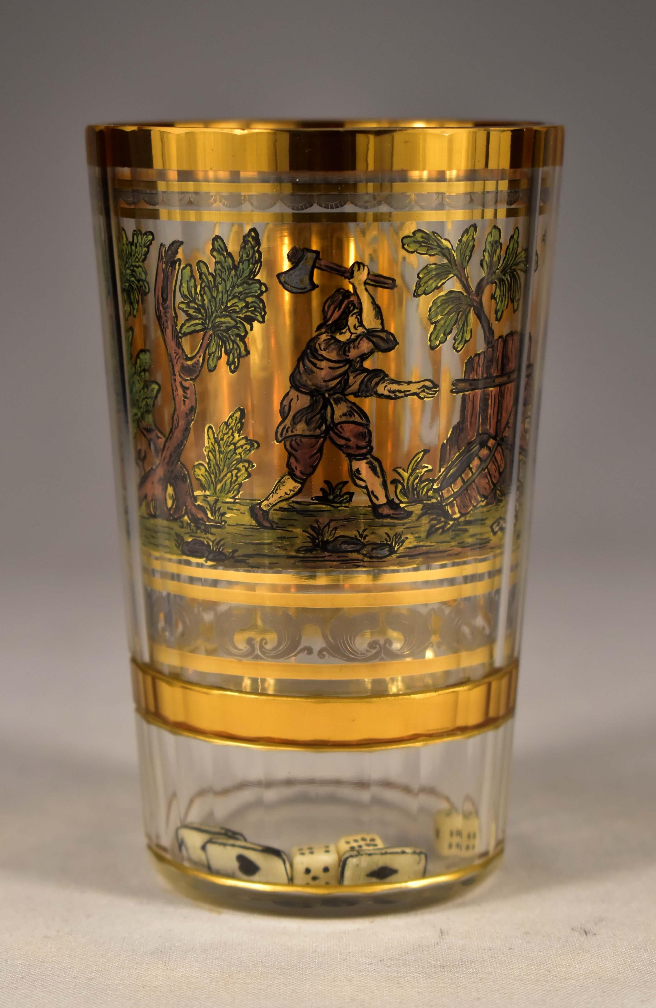 Glass Painted on Gold Double-Walled Goblet, Dice and Cards 20th Century