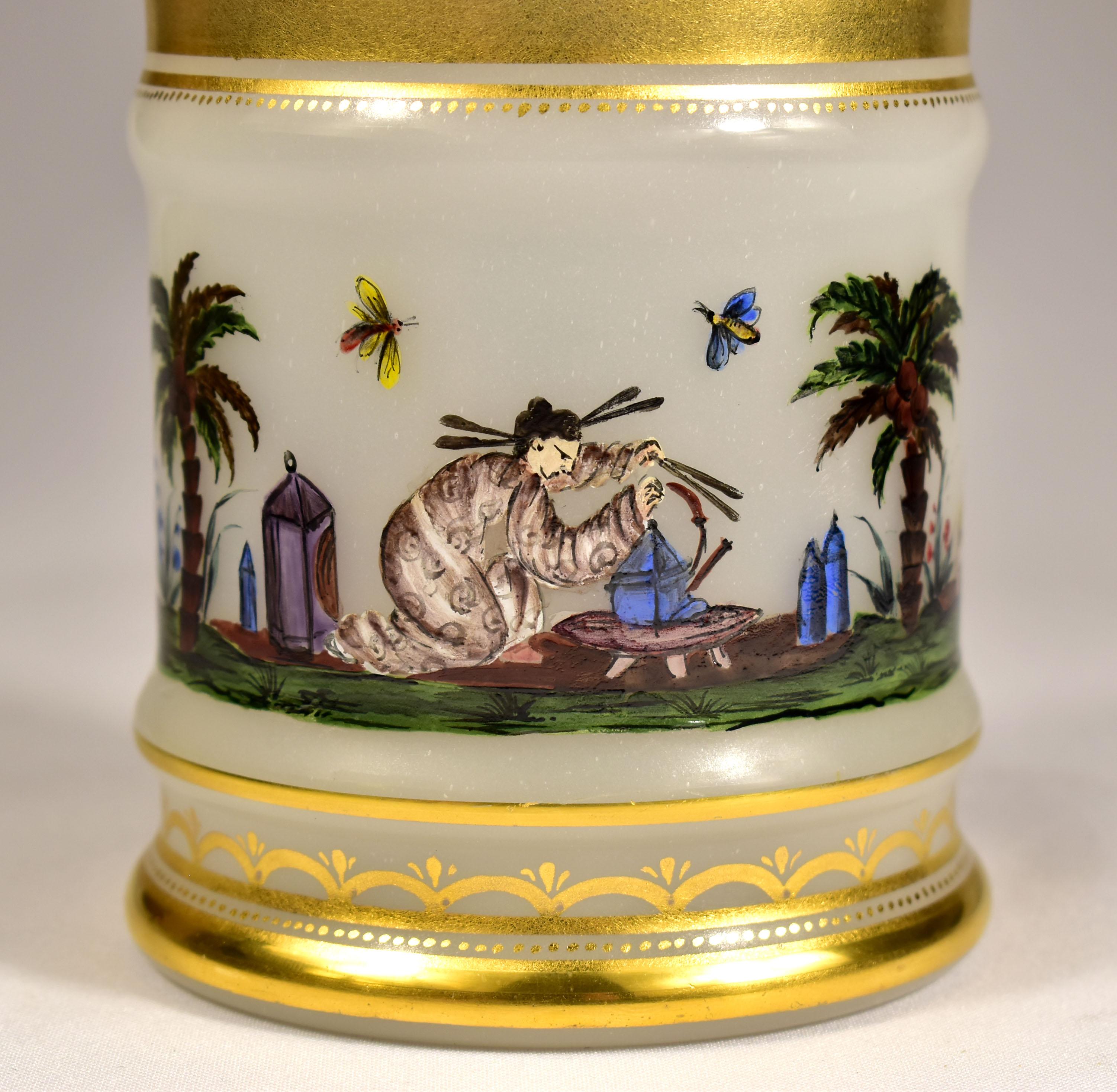 Opal Glass -  Painted Tea Box -  Chinoiserie Motif -  20th Century For Sale 4