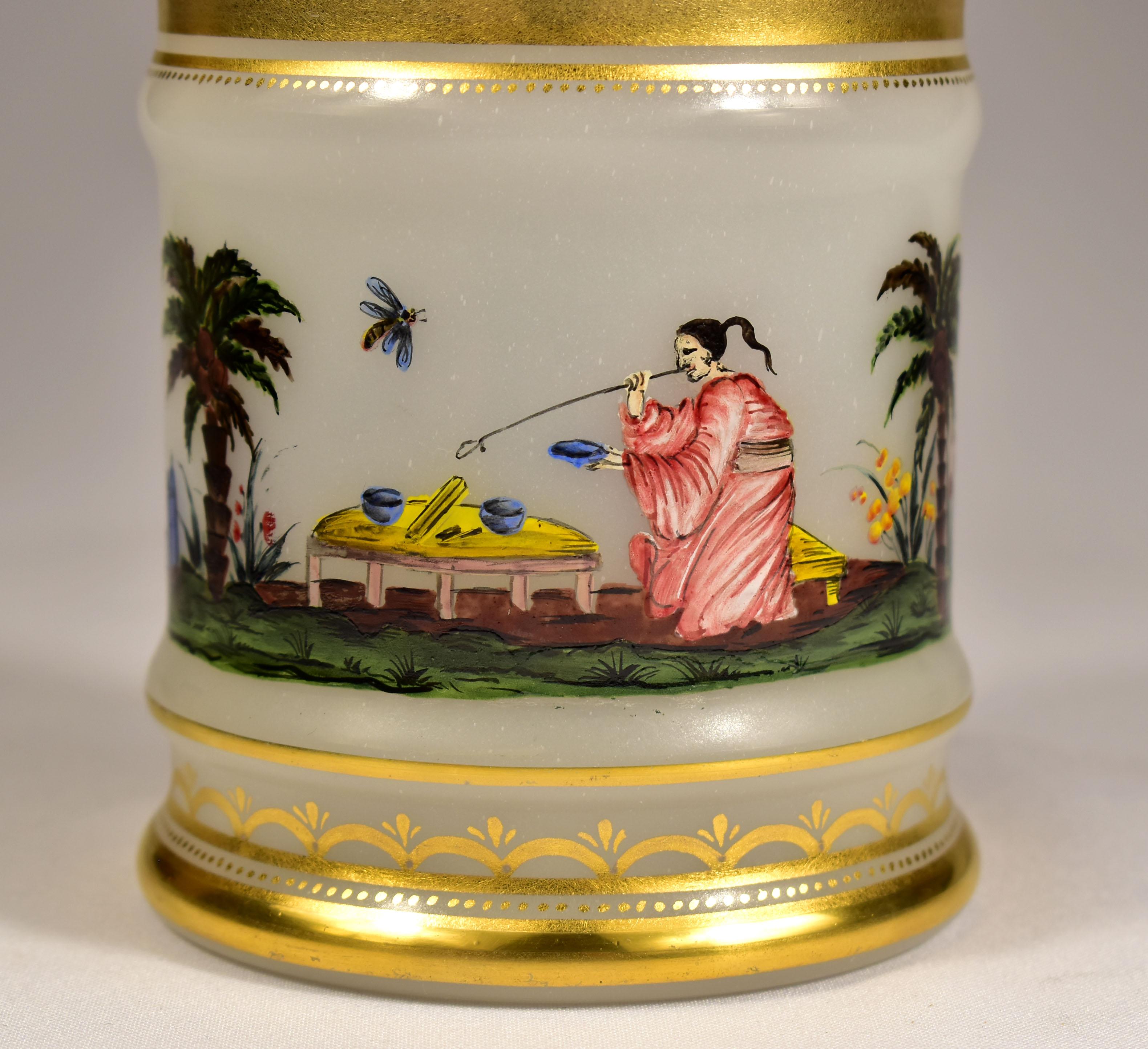 Opal Glass -  Painted Tea Box -  Chinoiserie Motif -  20th Century For Sale 5
