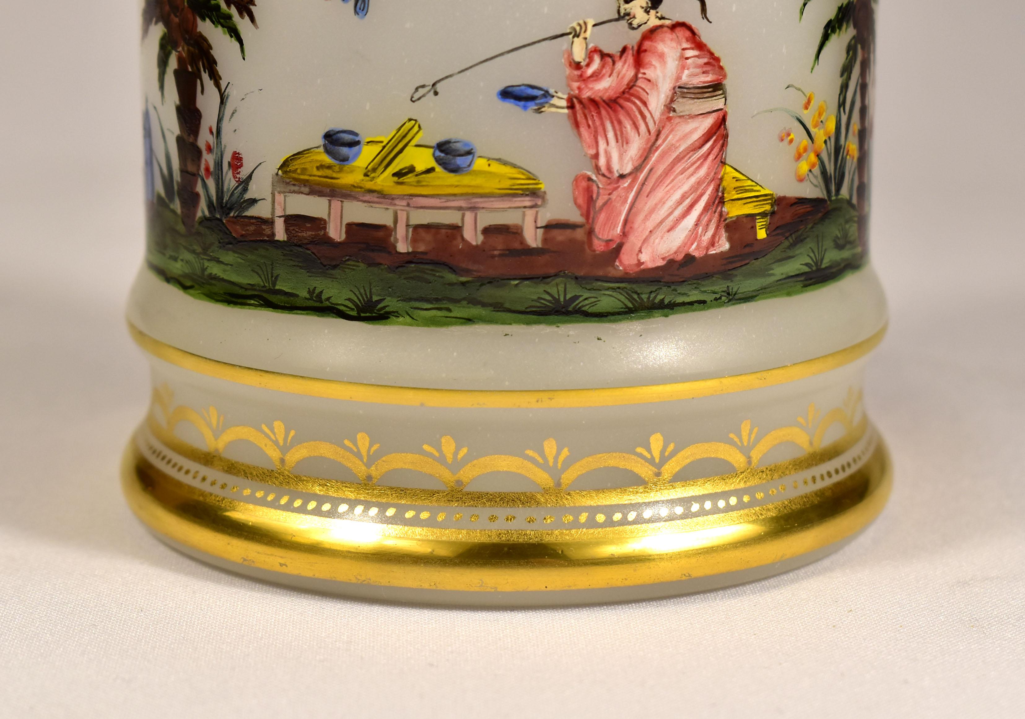 Opal Glass -  Painted Tea Box -  Chinoiserie Motif -  20th Century For Sale 6