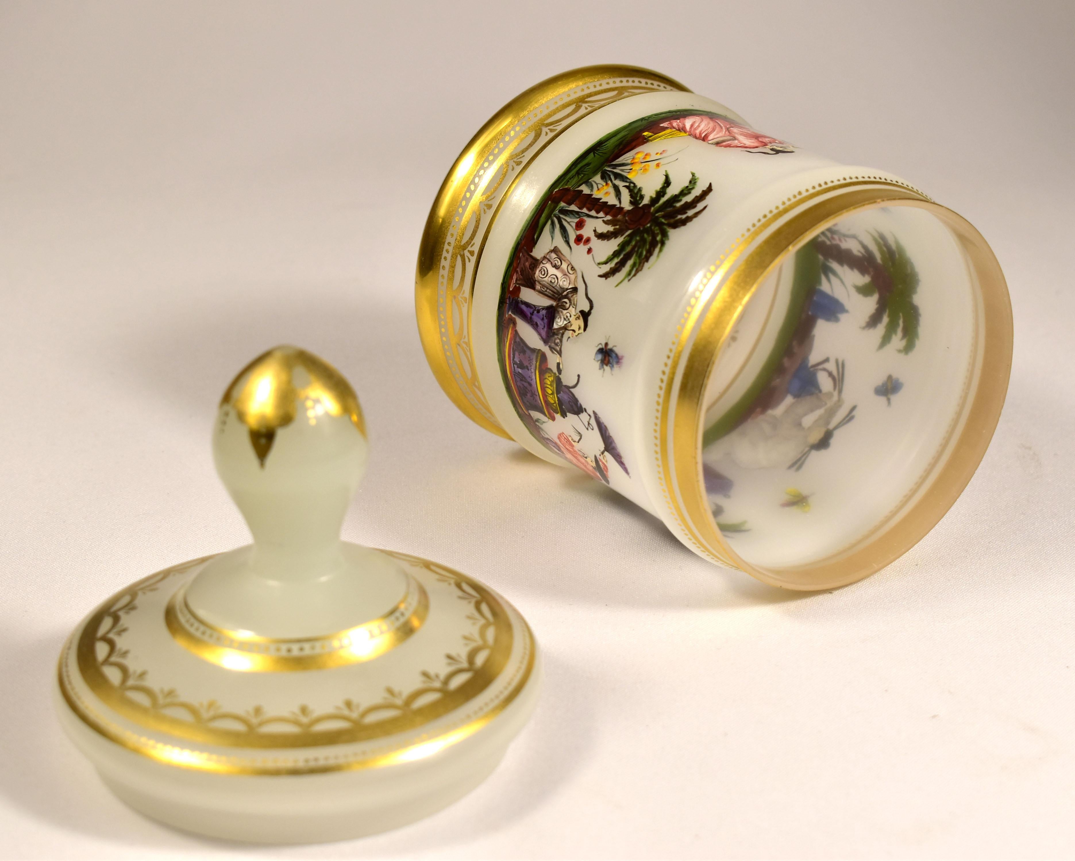 Opal Glass -  Painted Tea Box -  Chinoiserie Motif -  20th Century For Sale 9