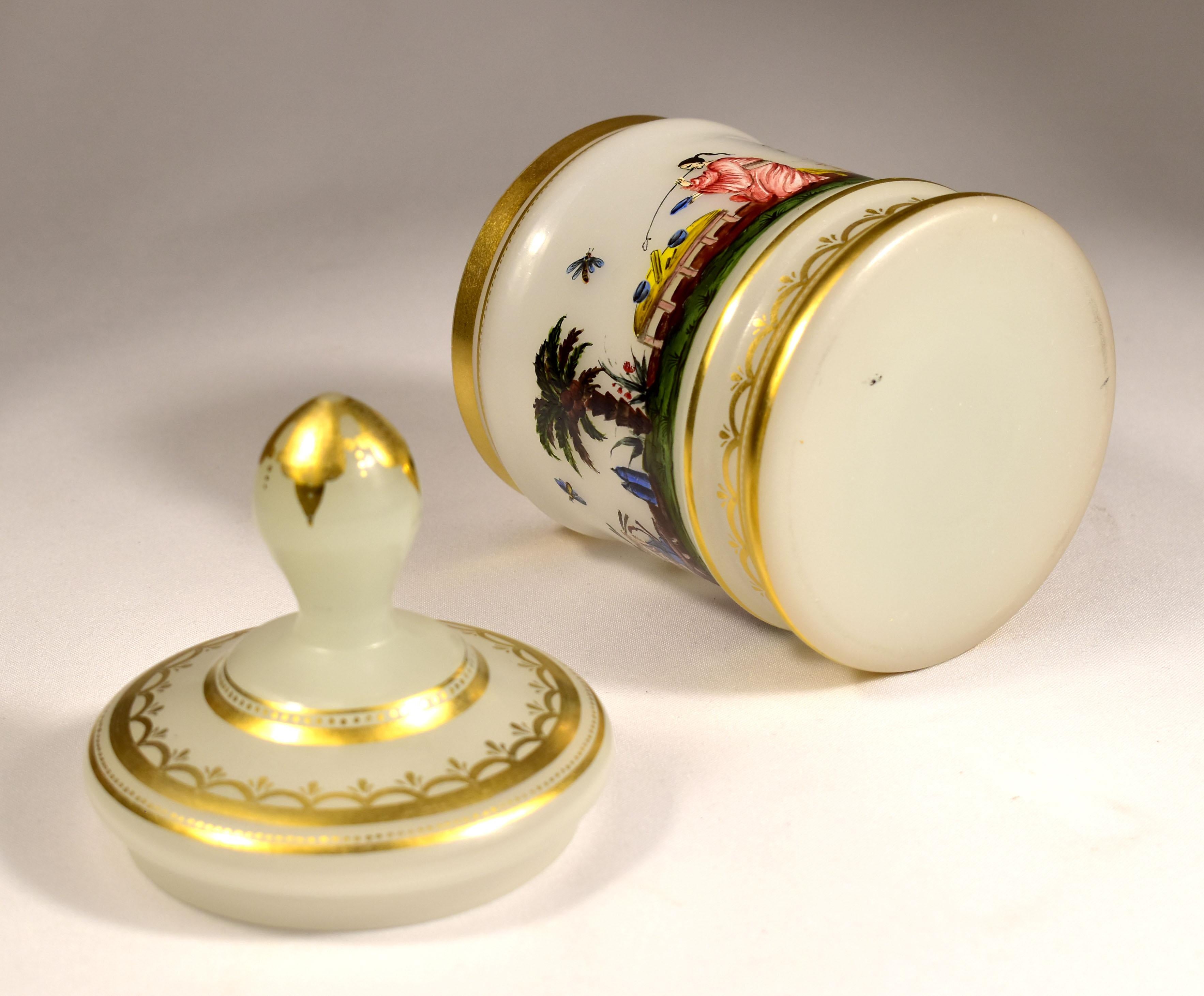 Opal Glass -  Painted Tea Box -  Chinoiserie Motif -  20th Century For Sale 10