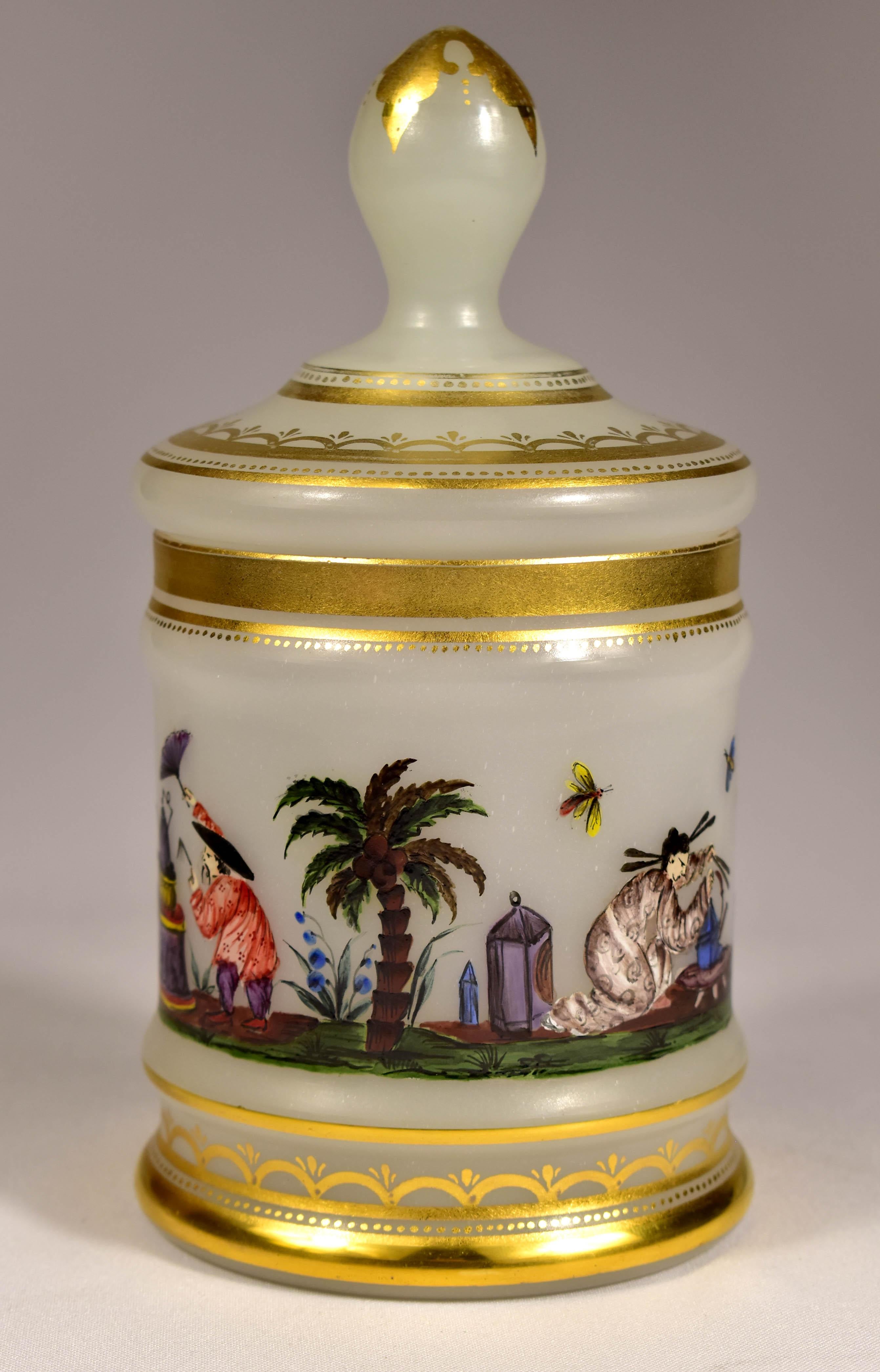 Arts and Crafts Opal Glass -  Painted Tea Box -  Chinoiserie Motif -  20th Century For Sale