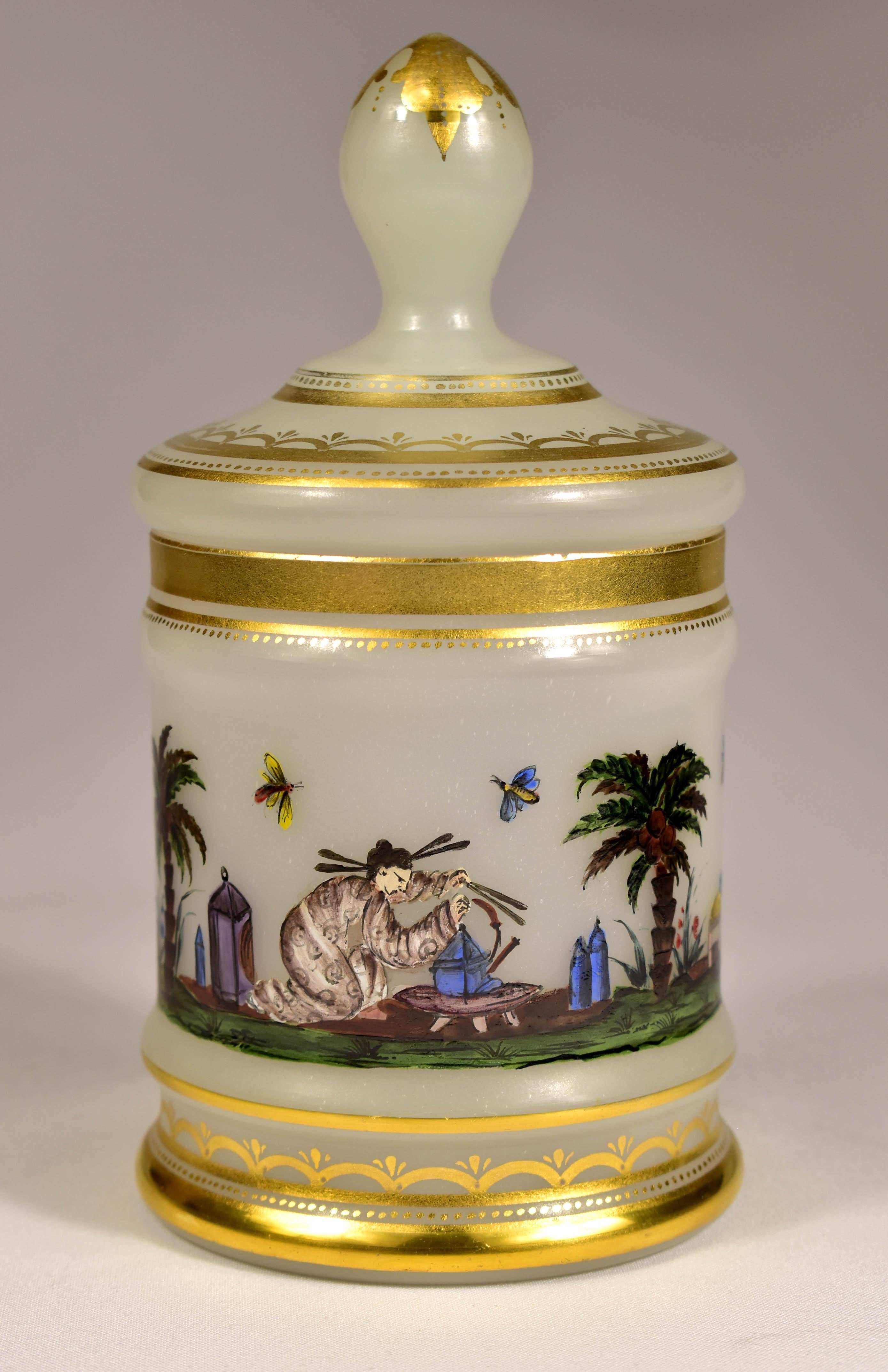 Hand-Crafted Opal Glass -  Painted Tea Box -  Chinoiserie Motif -  20th Century For Sale