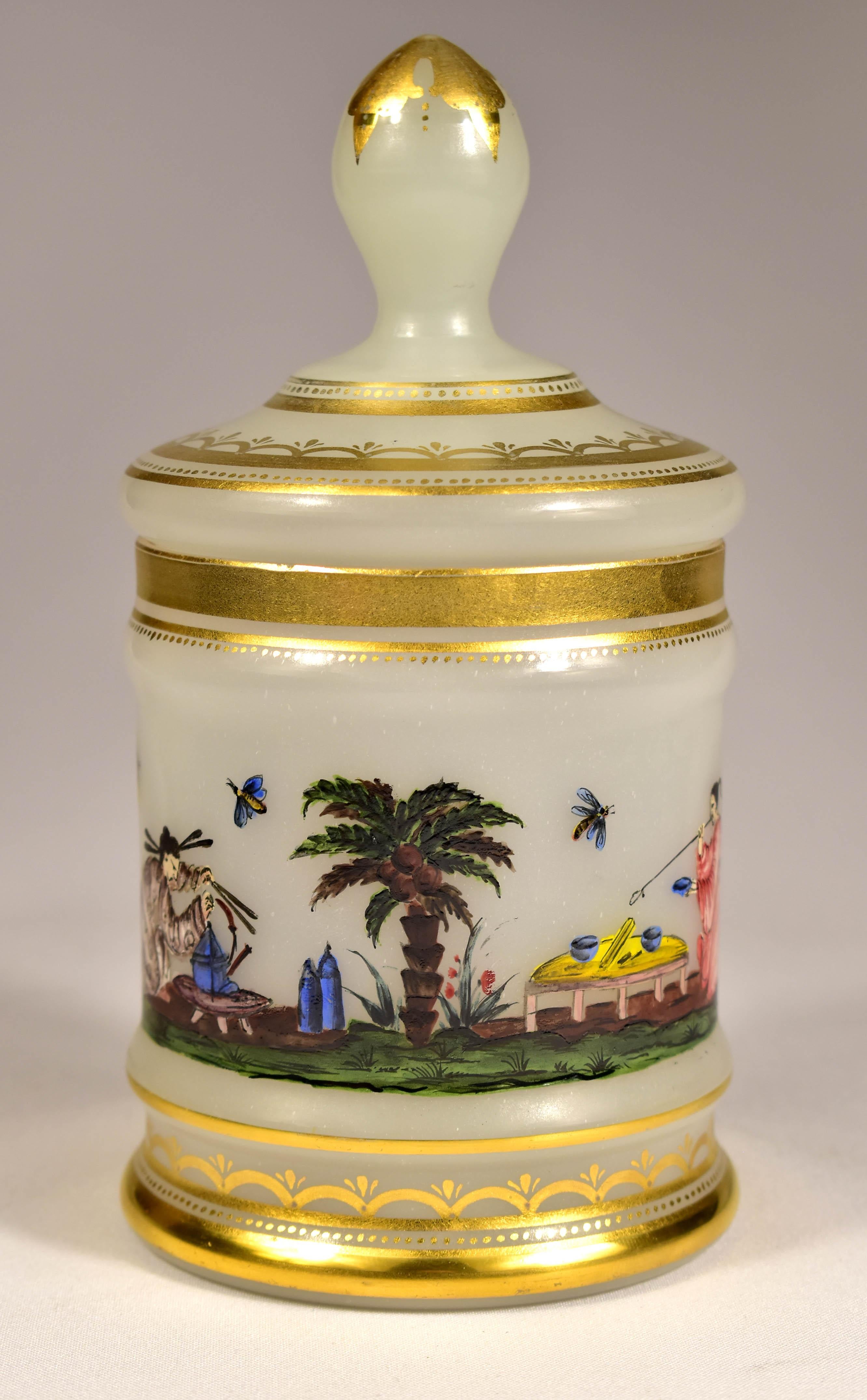 Opal Glass -  Painted Tea Box -  Chinoiserie Motif -  20th Century In Good Condition For Sale In Nový Bor, CZ