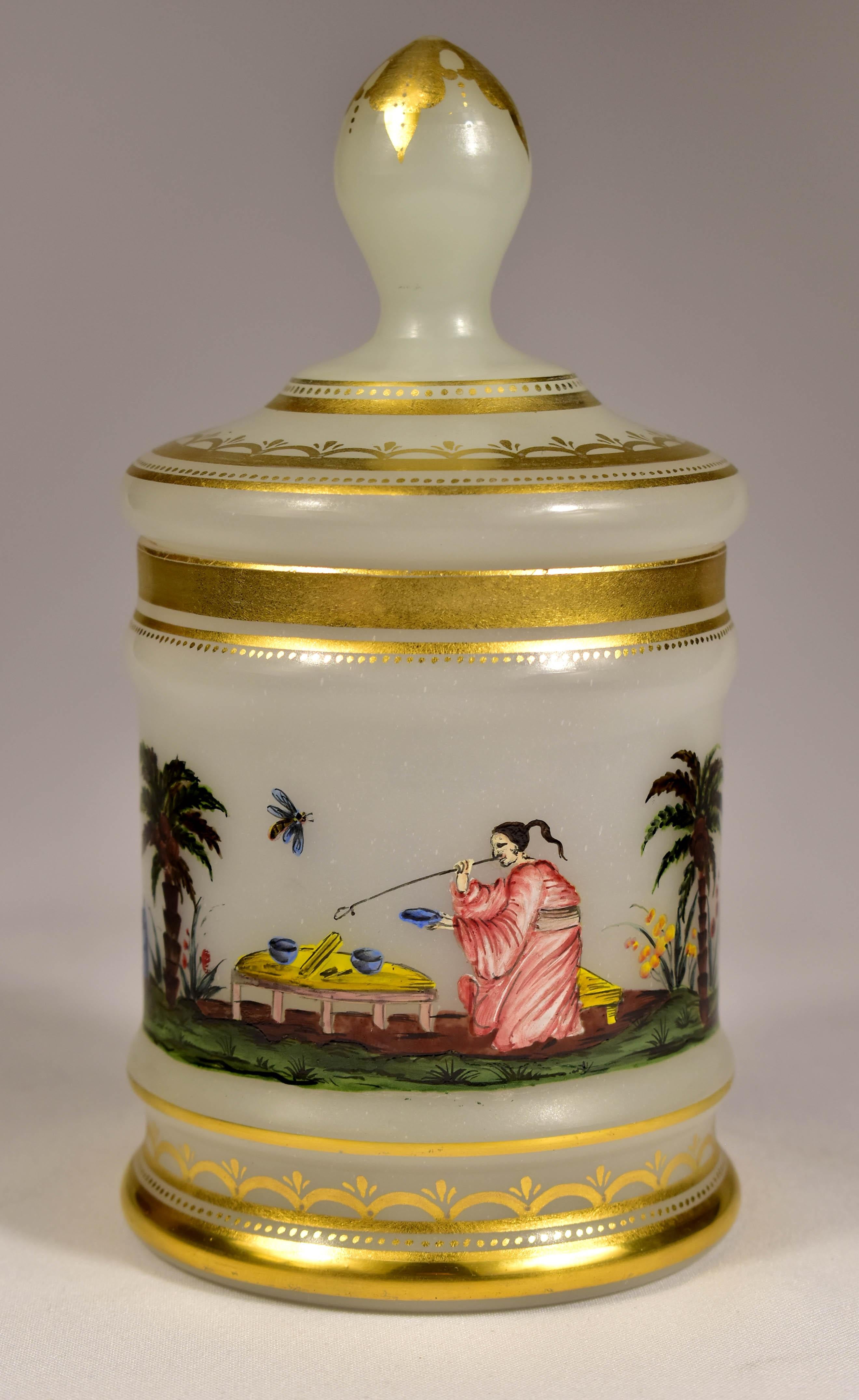 Opaline Glass Opal Glass -  Painted Tea Box -  Chinoiserie Motif -  20th Century For Sale