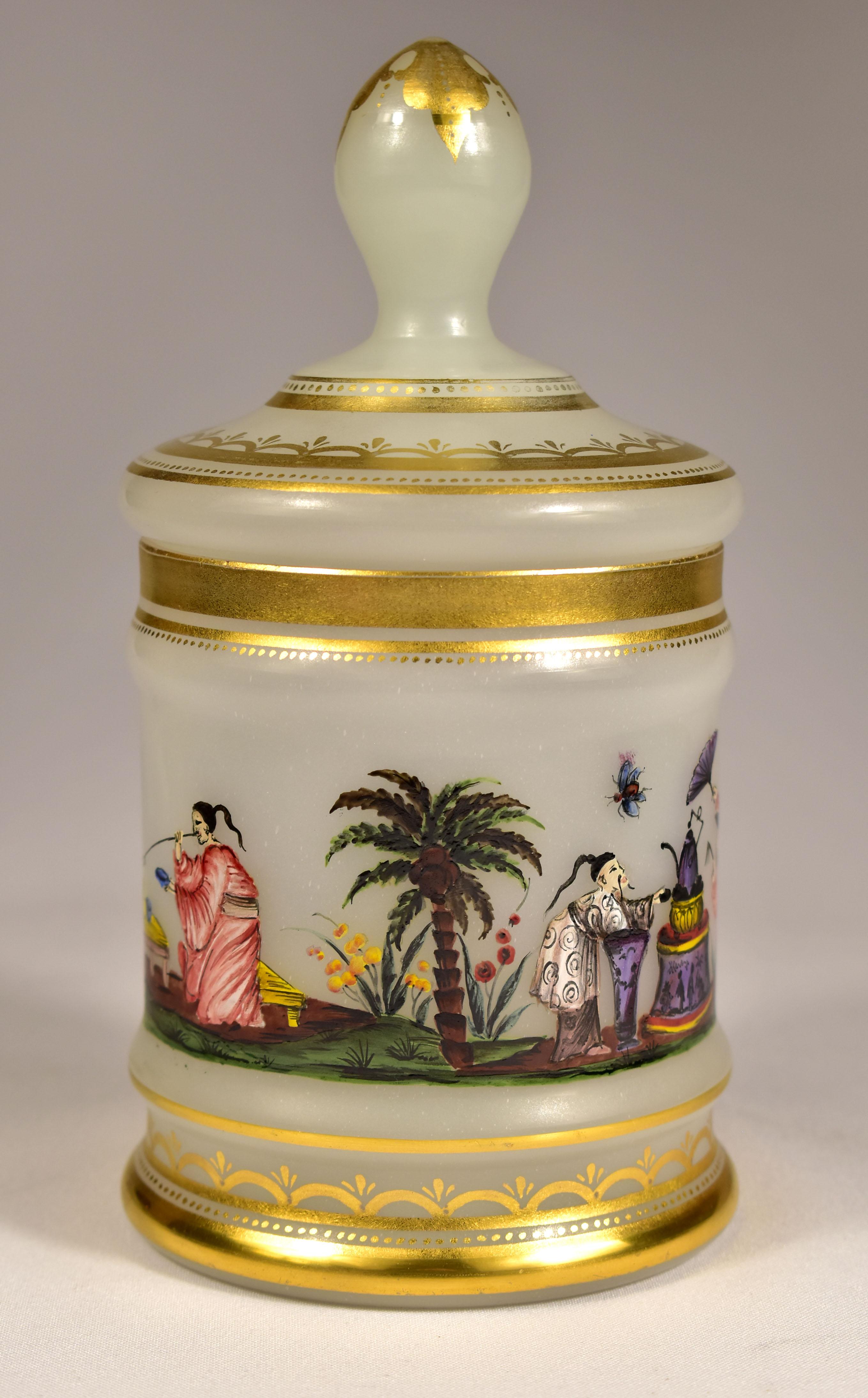 Opal Glass -  Painted Tea Box -  Chinoiserie Motif -  20th Century For Sale 1