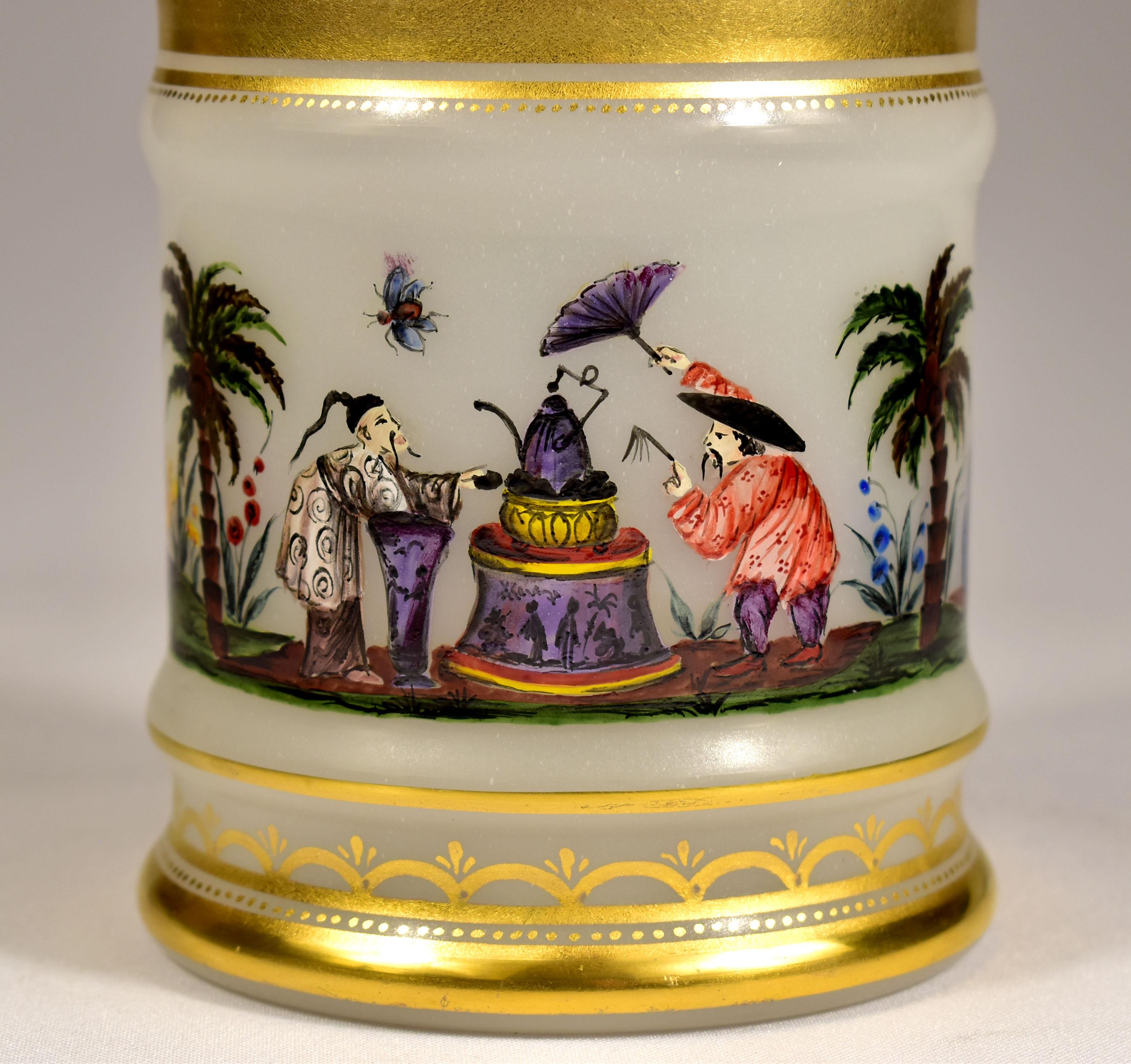 Opal Glass -  Painted Tea Box -  Chinoiserie Motif -  20th Century For Sale 2