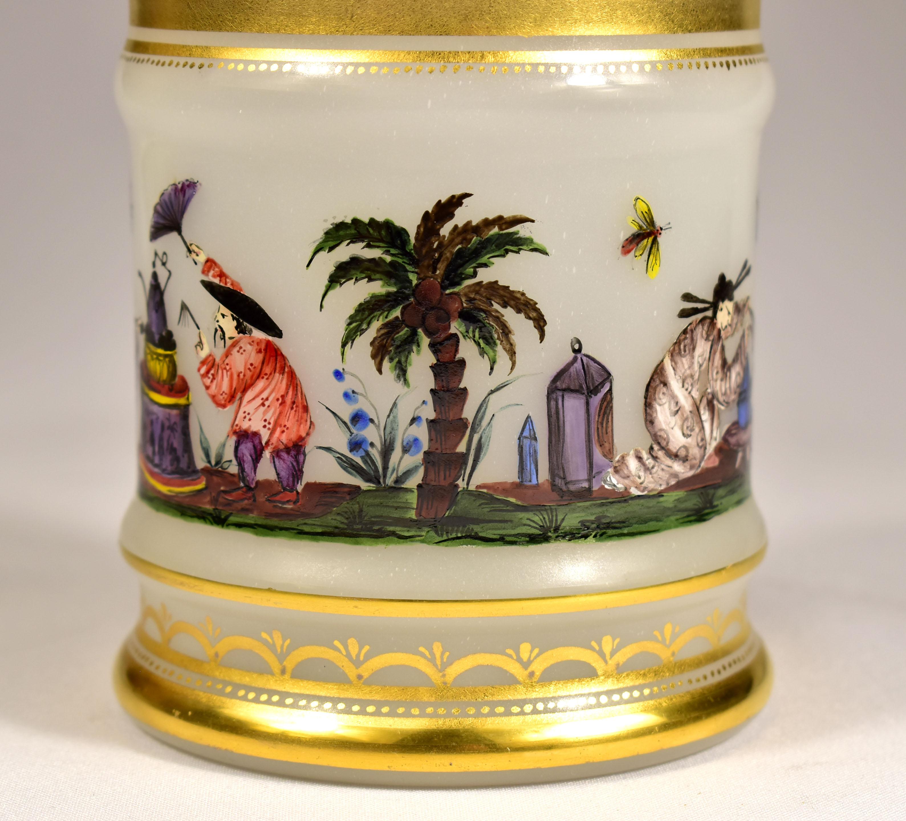 Opal Glass -  Painted Tea Box -  Chinoiserie Motif -  20th Century For Sale 3
