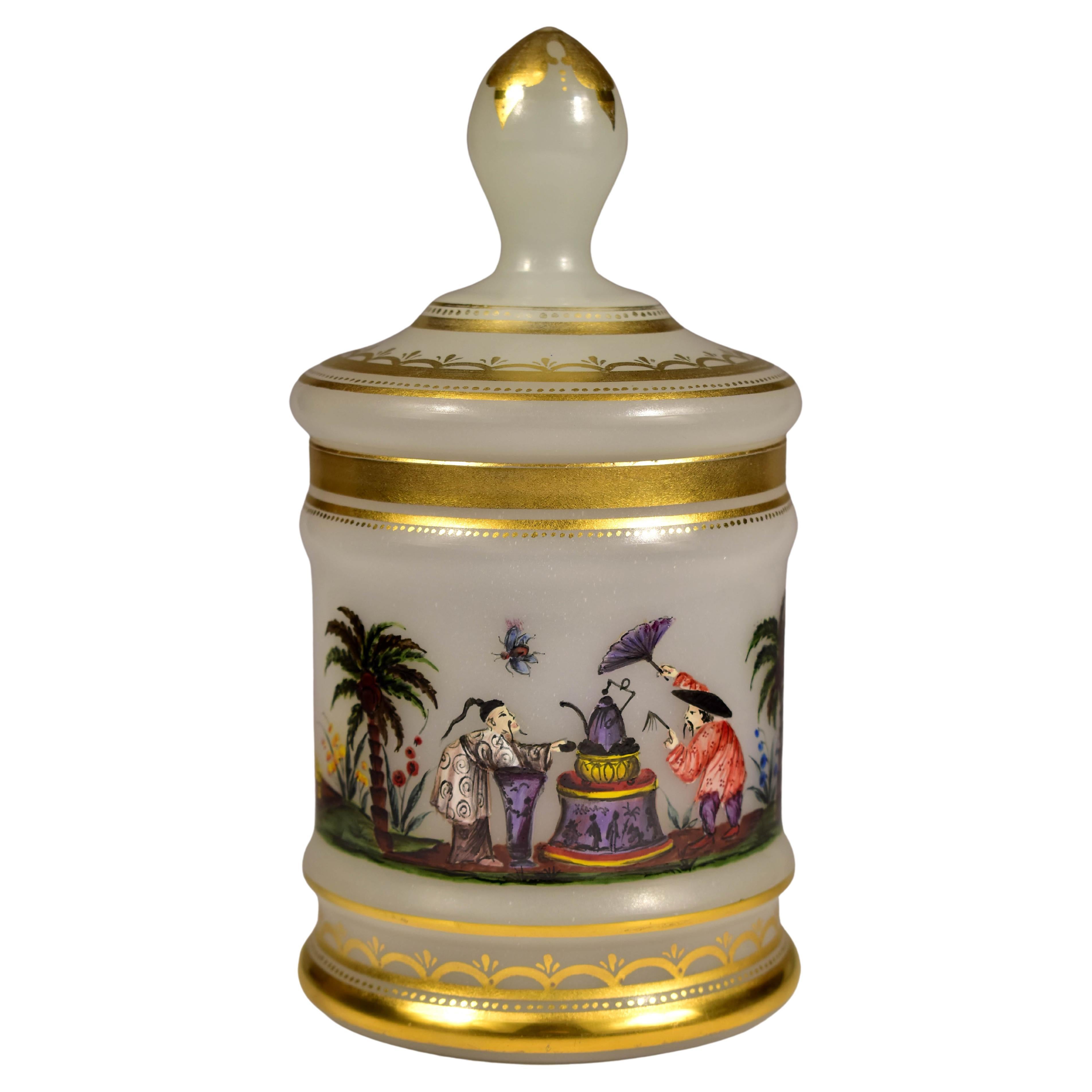 Opal Glass -  Painted Tea Box -  Chinoiserie Motif -  20th Century