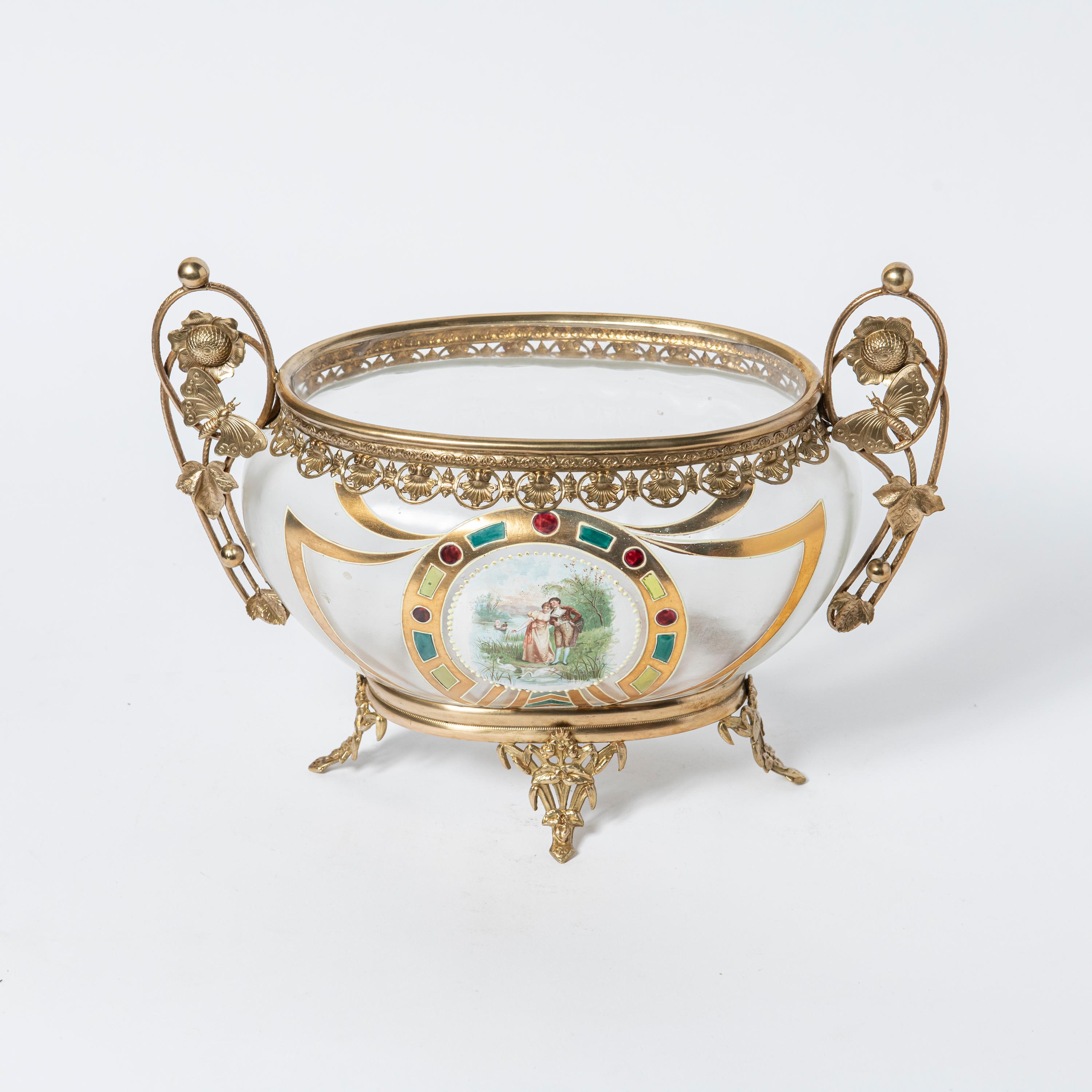 Painted opaline with bronze ornaments centerpiece. France, late 19th century.