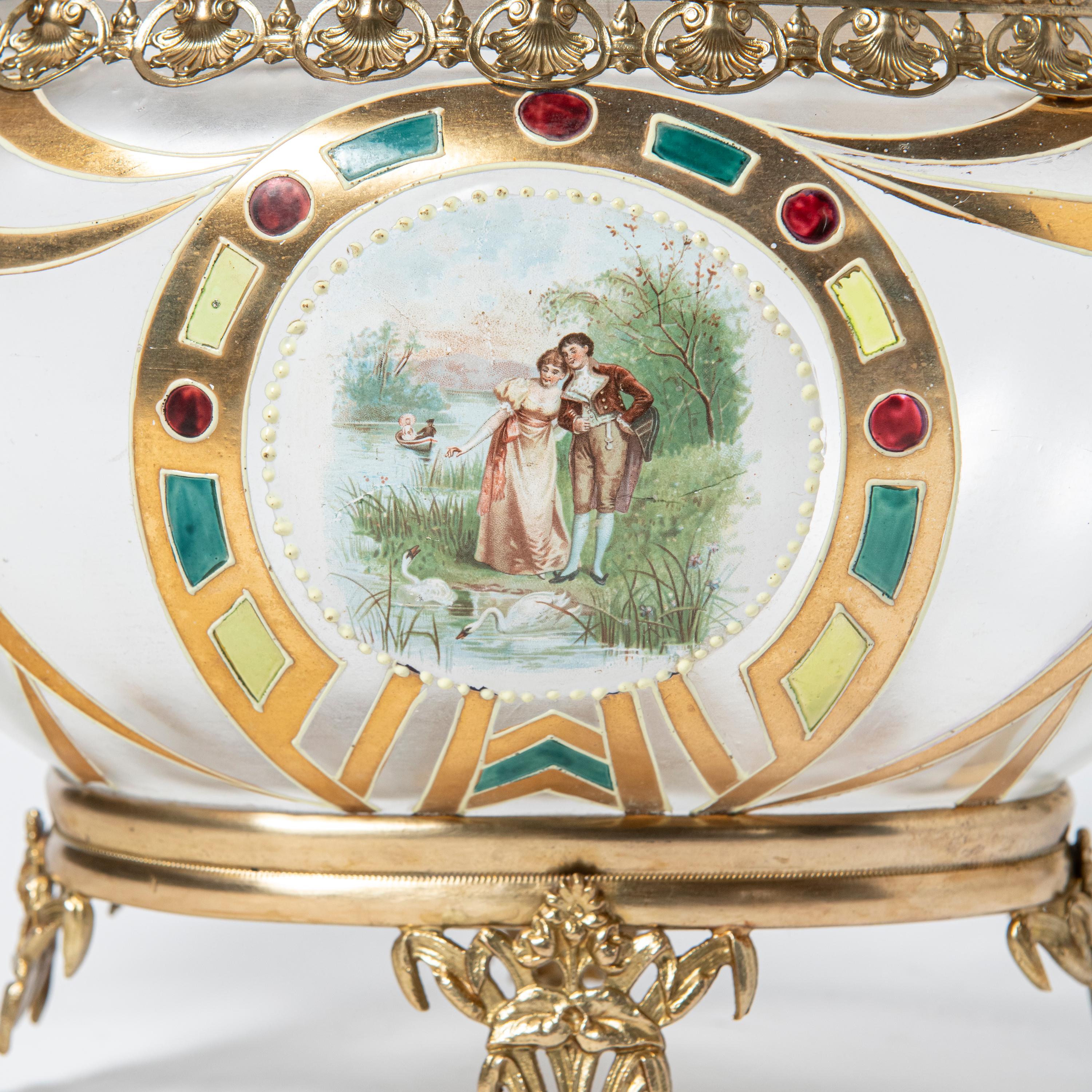 19th Century Painted Opaline with bronze ornaments Centerpiece. France, late 19th century. For Sale