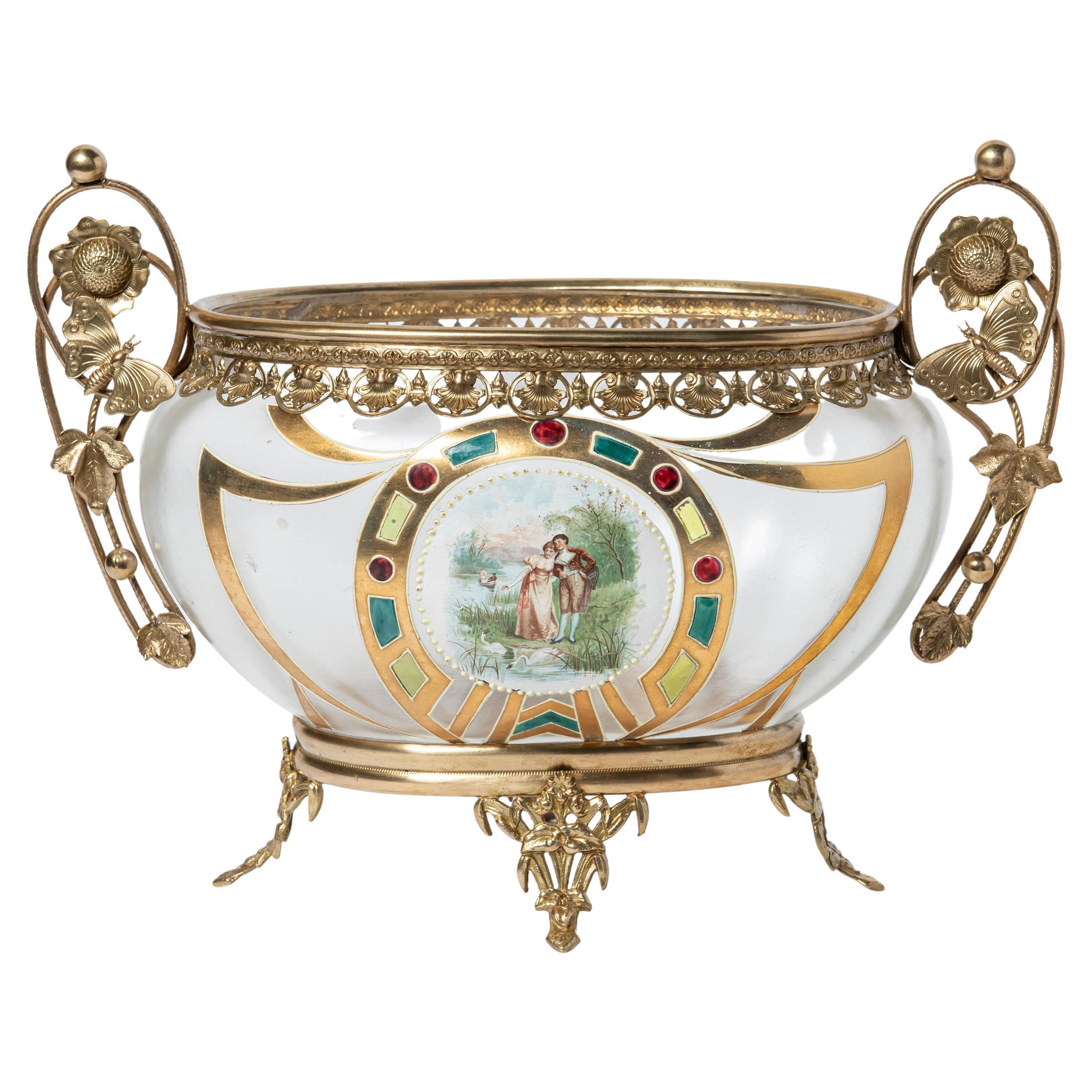 Painted Opaline with bronze ornaments Centerpiece. France, late 19th century. For Sale