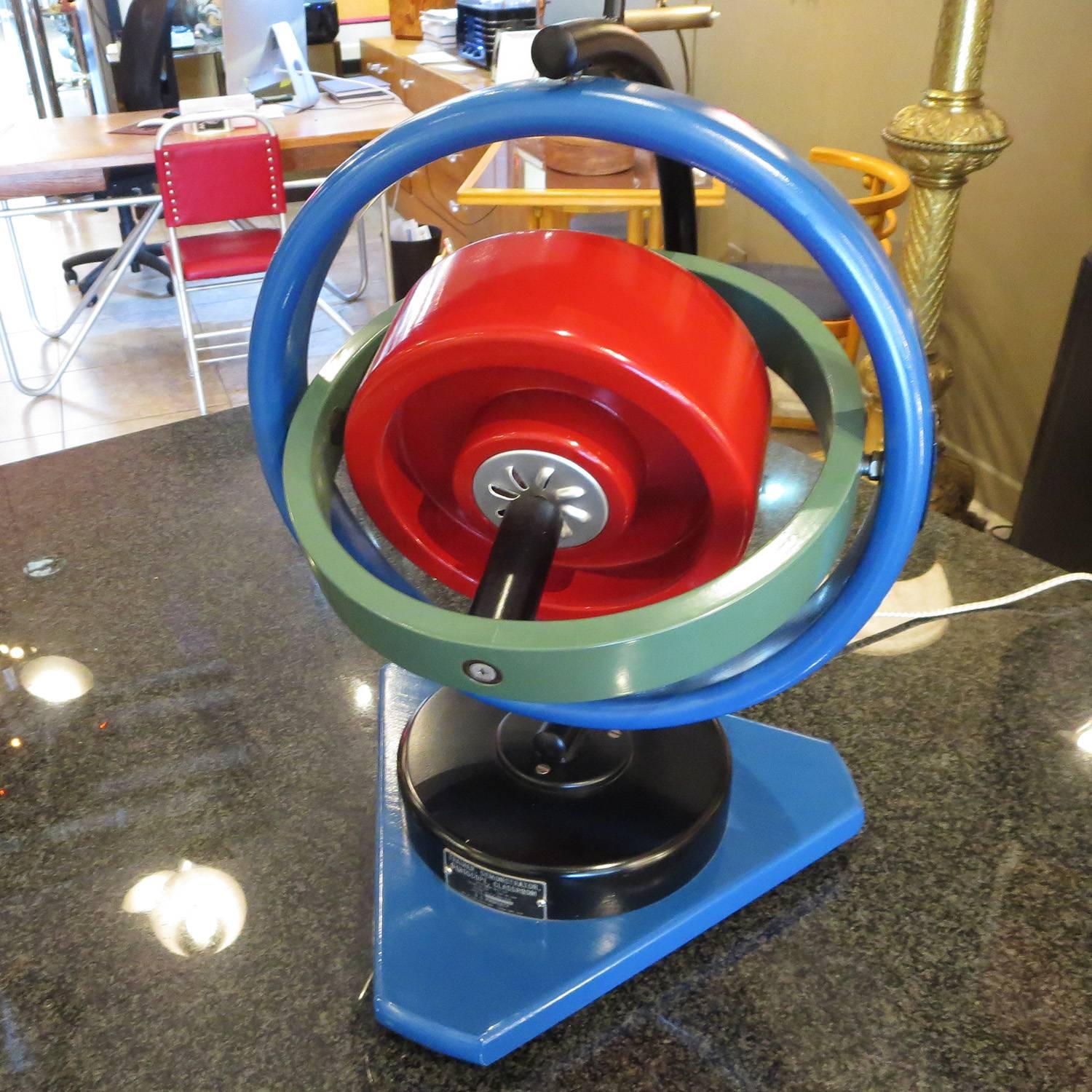 When military pilots and astronauts in training had to understand the theory of gyroscoping, this large dimensional model was used in the classroom. Each ring spins independently of the next, so multiple motions are achieved at once. The model plugs