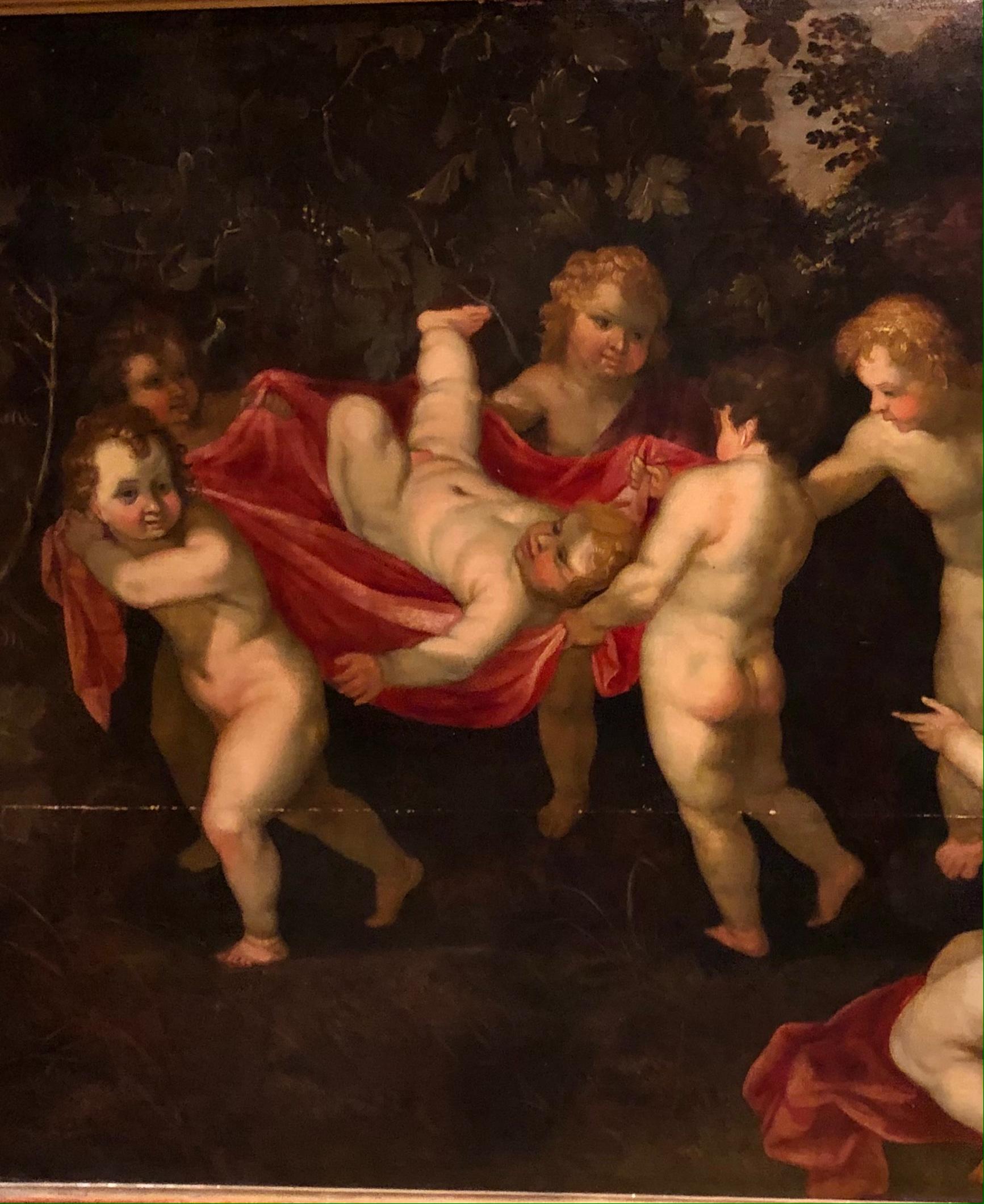 Oil on panel 
oil on wood depicting a scene of bacchanals, putti playing in a natural setting
the panel is cracked (crack visible in the photos and shows some old restorations)
good general condition and excellent support for the