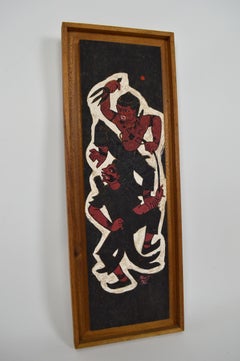 Painted Panel, Mythological Theme, Hanuman VS Demon by Prasit, Thailand, 1966