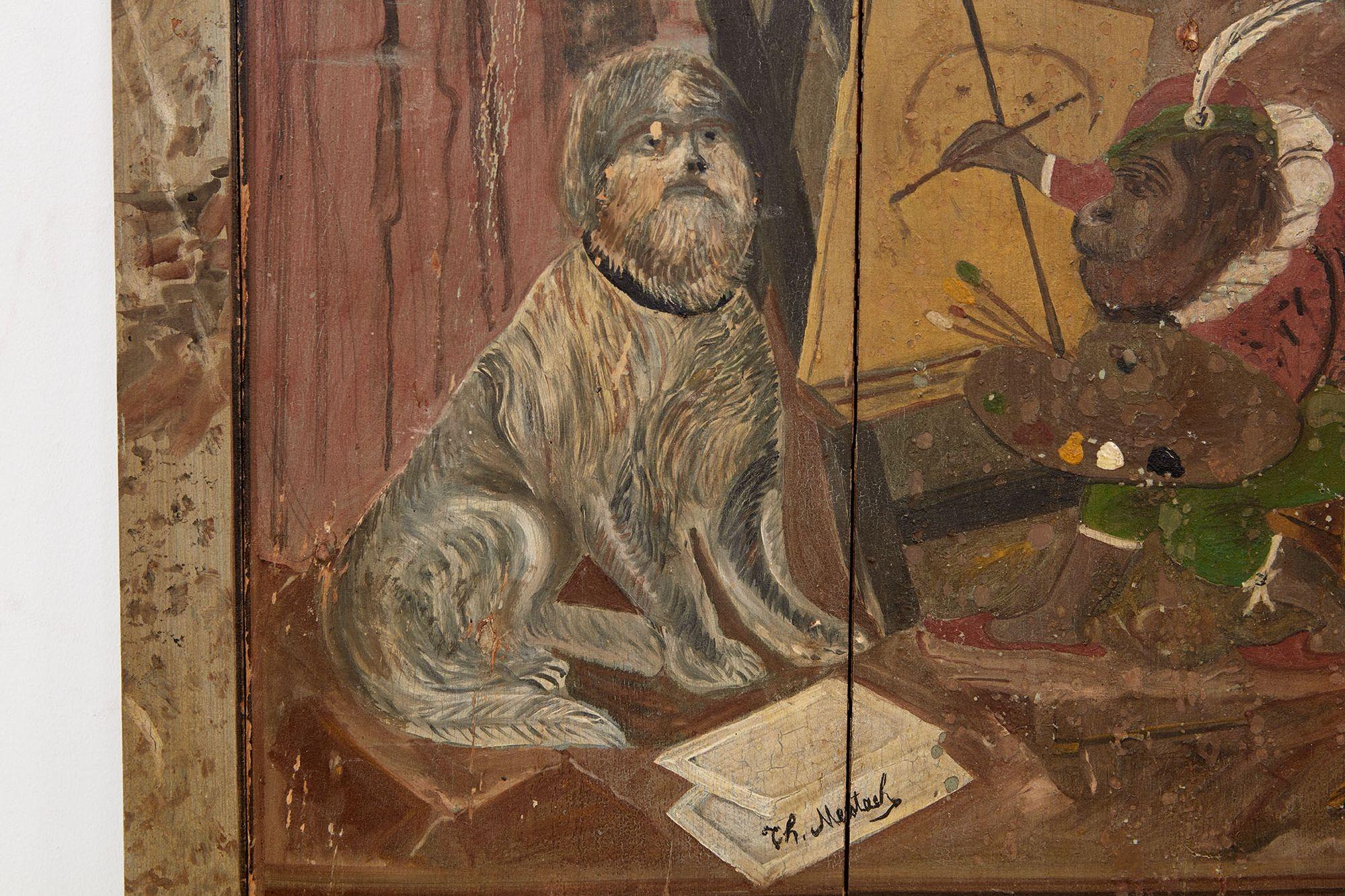 Panneau peint : L'artiste singe et son chien Bon état - En vente à Greenwich, CT