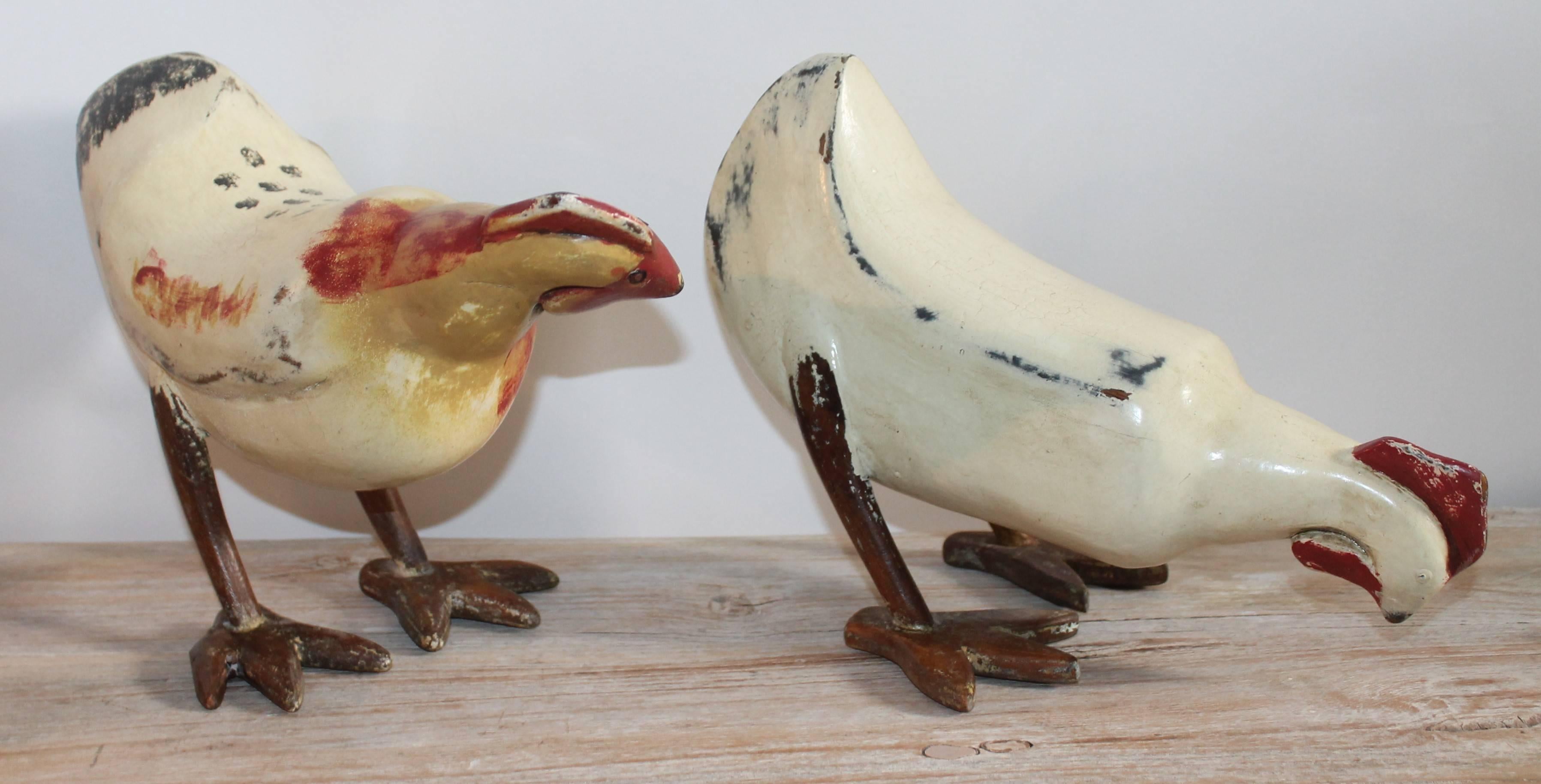 These fun vintage painted chickens are in good condition. They are late but so great.
Chicken pecking size:
12 long x 9 high x 7 wide
Side looking chicken
12 long x 9 high x 6 wide.
